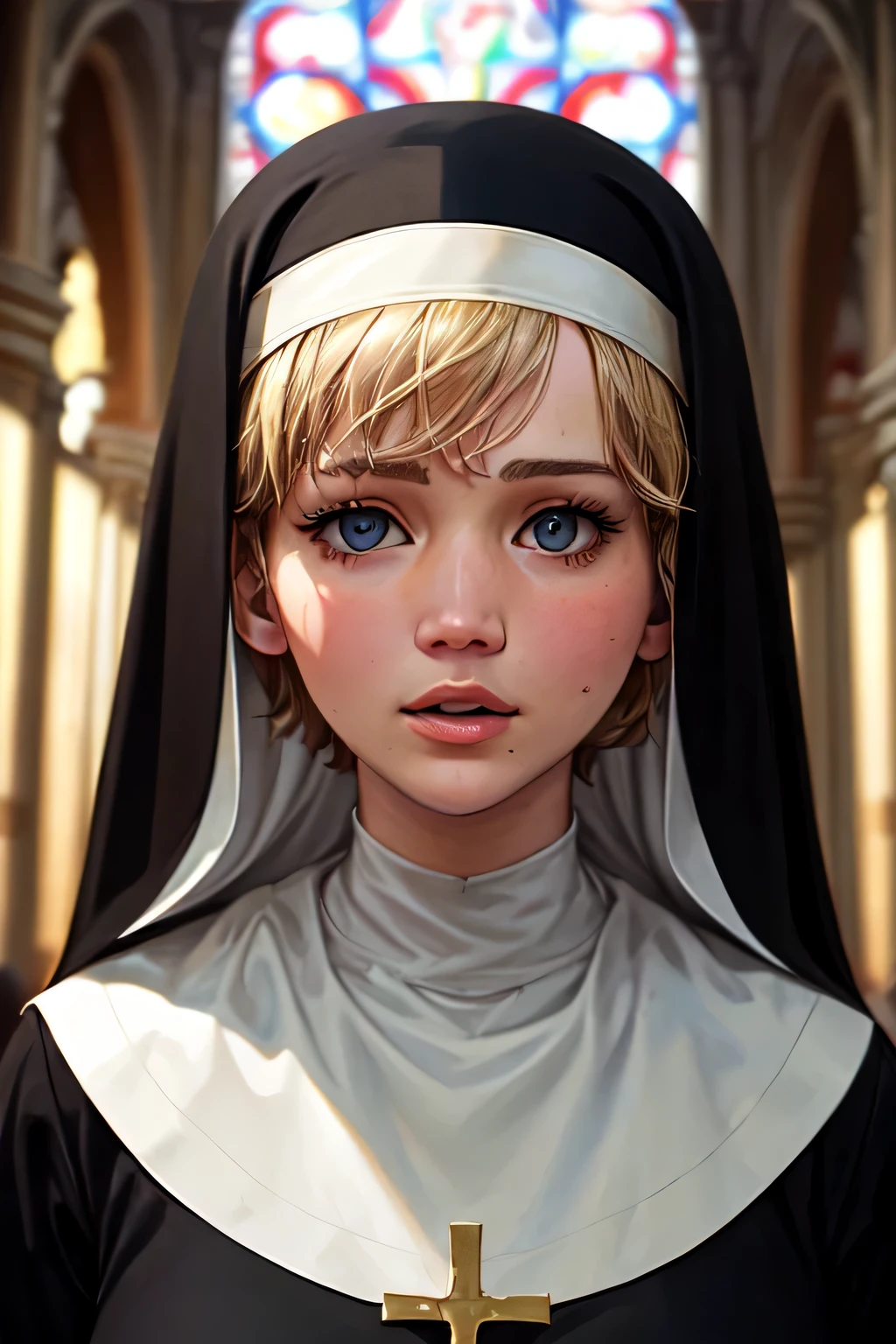 ((best quality)), ((masterpiece)), (detailed), perfect face, Jennifer lawrence as a nun, in a church, repelling the demon