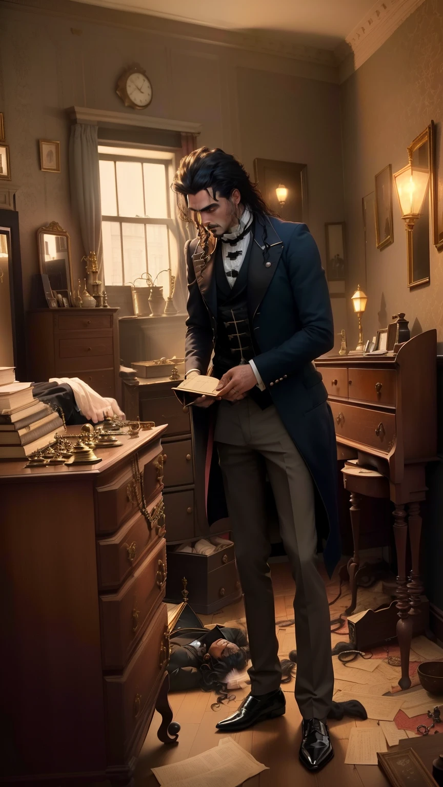 A man is searching a room in London, England in the 19th century. The room is quite messy. All drawers in the room are open. The man is looking for jewels. The man's face is annoyed. The man's hair is matted. The lights in the room flicker. The man has black hair and is 30 years old. handsome,