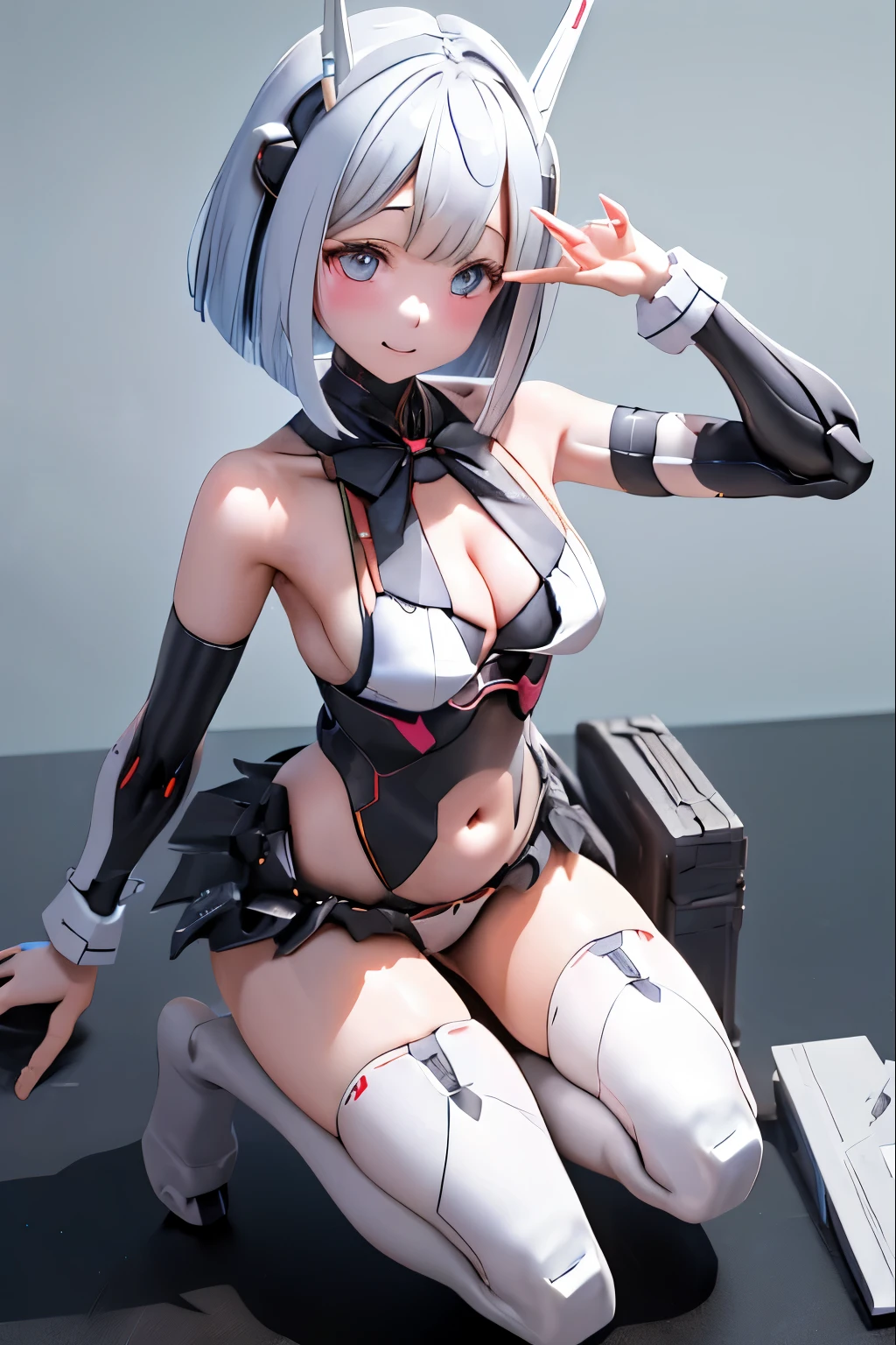 (highest quality)), ((masterpiece)), (very detailed: 1.3), 3D, {(japanese young girl)}, ((wears a futuristic Gundam mecha)),(Gundam), with headgear, with v-fins, ((unarmored cleavage)), ((unarmored stomach)), ((unarmored upper arms)), ((unarmored face)), (unarmored hands), (unarmored waist), ((unarmored thighs)), (unarmored ankles), japanese girl wear light blue and white striped pantie under armor, multilayer textureperfect proportions, octane rendering, duotone lighting, Low ISO, wide aperture, White balance, Rule of thirds, ultra HD16k, HDR (High Dynamic Range), Ray Tracing, NVIDIA RTX, Super Resolution, Subsurface Scattering, PBR Texturing, Post Processing, Anisotropic Filtering, Depth of Field, Maximum Clarity and Clarity, High efficiency subpixel, subpixel convolution, particles of light, light scattered, Tyndall effect, full body:1.5, battle pose, cute, (cute:1.2), (bob cut:1.3),三つ編み, 黒髪, 太い眉毛, 薄い色の虹彩, 大きくて輝いている黒い瞳, 長いまつげ, 小さく薄い色の自然な唇, (Average face of Japanese idols), (日本人特有の童顔:1.3), (baby face), 広いおでこ:1.2, ふっくらした頬, 小さな顎,  visible side boob, (mechanical wings), (巨大な武器を持っている:1.2), 特大の盾を持っている, (cyber punk city),looking at viewer,Focus on the eyes,Docking with mobile armor
