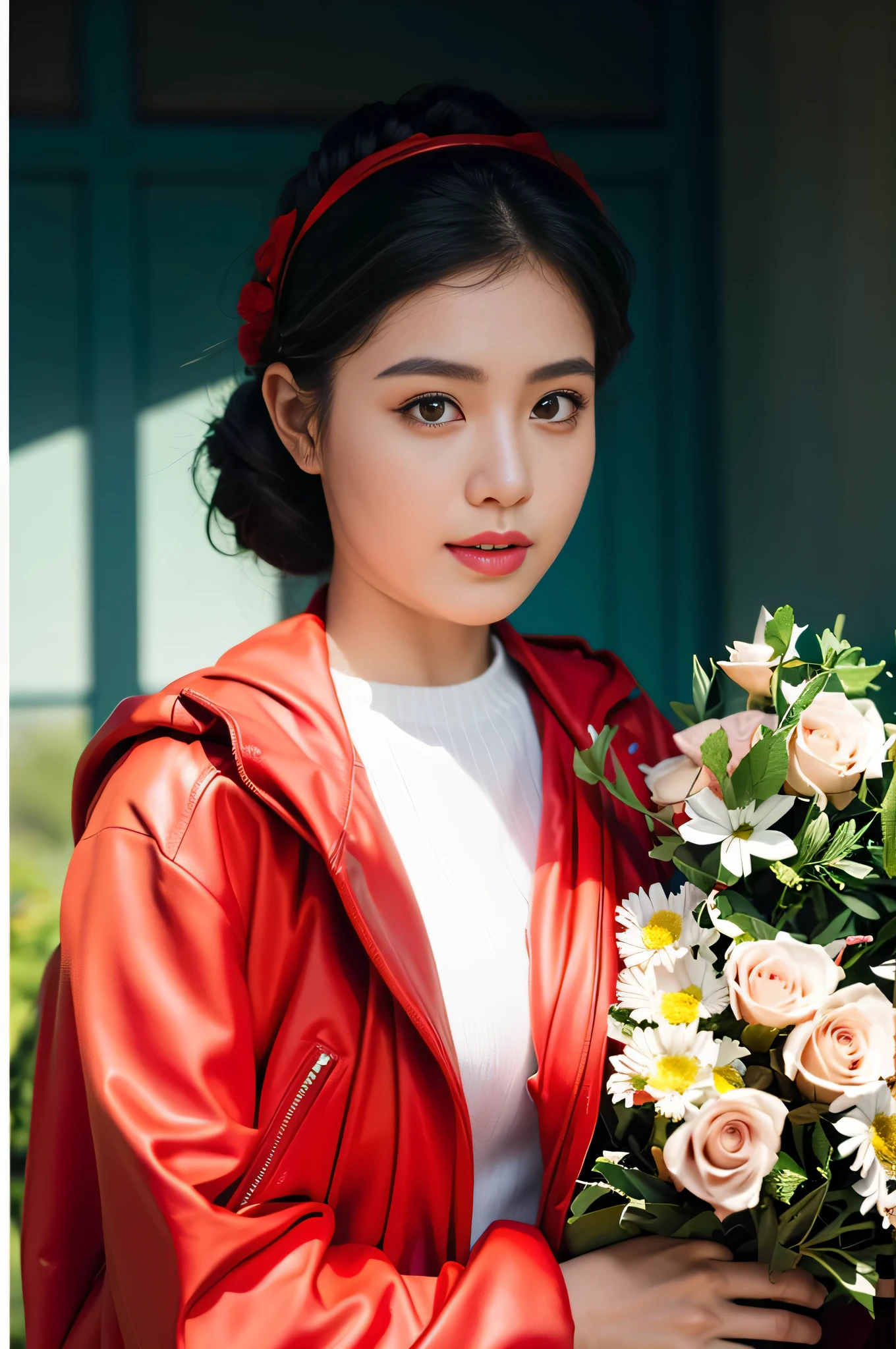 Highly realistic photo, ((masterpiece), (best quality), (raw photo), (photorealistic:1.4), Portrait of Vietnamese woman, 18 years old, black hair, mane hair, big round black eyes, curled eyelashes, black jacket, inside is a thin white sweater, holding a bouquet of roses, sunlight, garden background, Vietnamese rural house, photo taken by Sony A7IV
