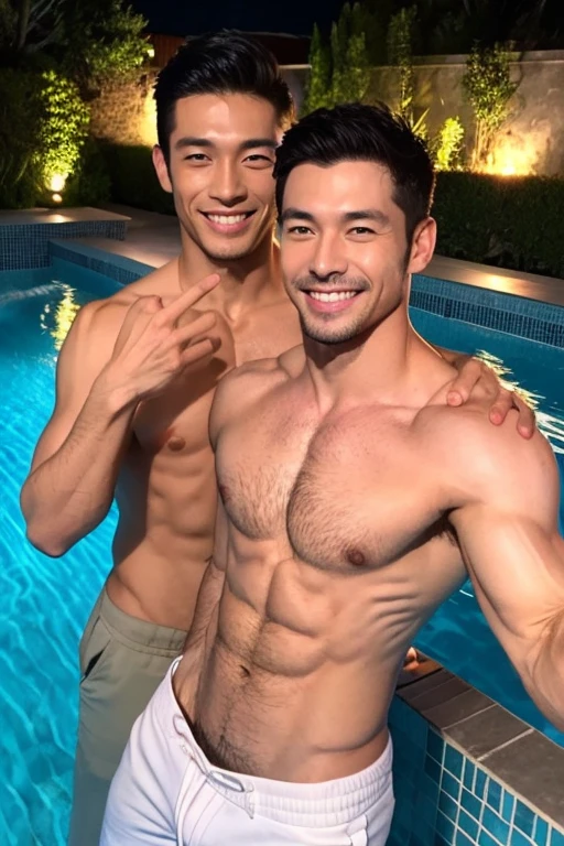 2 males、30 years old、male、Japanese、very handsome、Topless、Hand heart、abs、Pectoral muscle、smile、night、pool