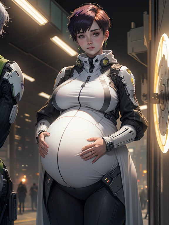 gwen tennyson,tracer,bulma,rebecca chambers,overwatch,1girl,sunny,close up,cyberpunk city,space ship,planet, mandalorian,military uniform,bounty hunter gear,green long sleeve lycra top,military leggings,long hair,silver earrings,night gown,holding a blaster, gothic makeup,green eyes,orange hair,purple hair highlights,shy smile, freckles,redhead,beautiful girl,large breasts,ultra detailed,realistic,fantasy art, (huge pregnant belly:1.3)