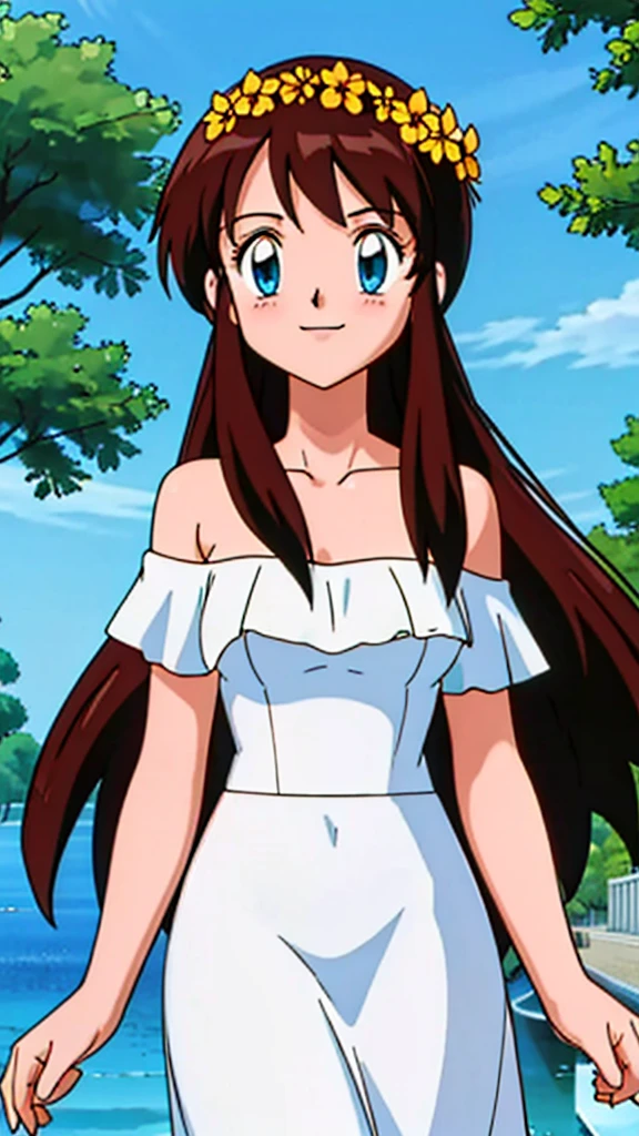 Melody, 1 girl, brown hair, blue eyes, bare shoulders, strapless, off shoulders, ruffle off the shoulder top, white maxi dress, blushing, close up headshot, intricate details, sharp focus, high resolution, the background of beautiful park with trees and canals, beautiful sunny day, smile