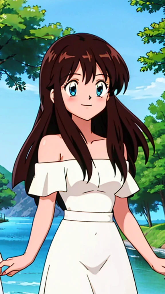 Melody, 1 girl, brown hair, blue eyes, bare shoulders, strapless, off shoulders, ruffle off the shoulder top, white maxi dress, blushing, close up headshot, intricate details, sharp focus, high resolution, the background of beautiful park with trees and canals, beautiful sunny day, smile