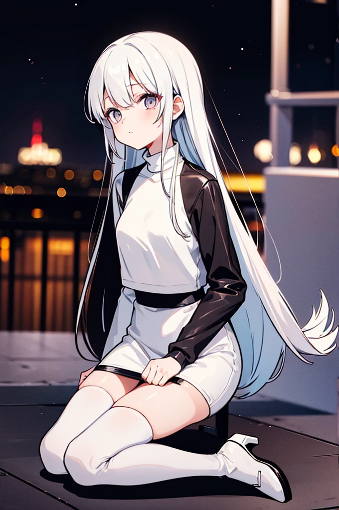 petite slender woman，长white色的头发, wearing a white turtleneck sweater and a Black leather jacket on top, mini skirt (Black), white, and high-heeled Black boots. She was standing on the balcony, Looking up at the stars on a moonlit night.