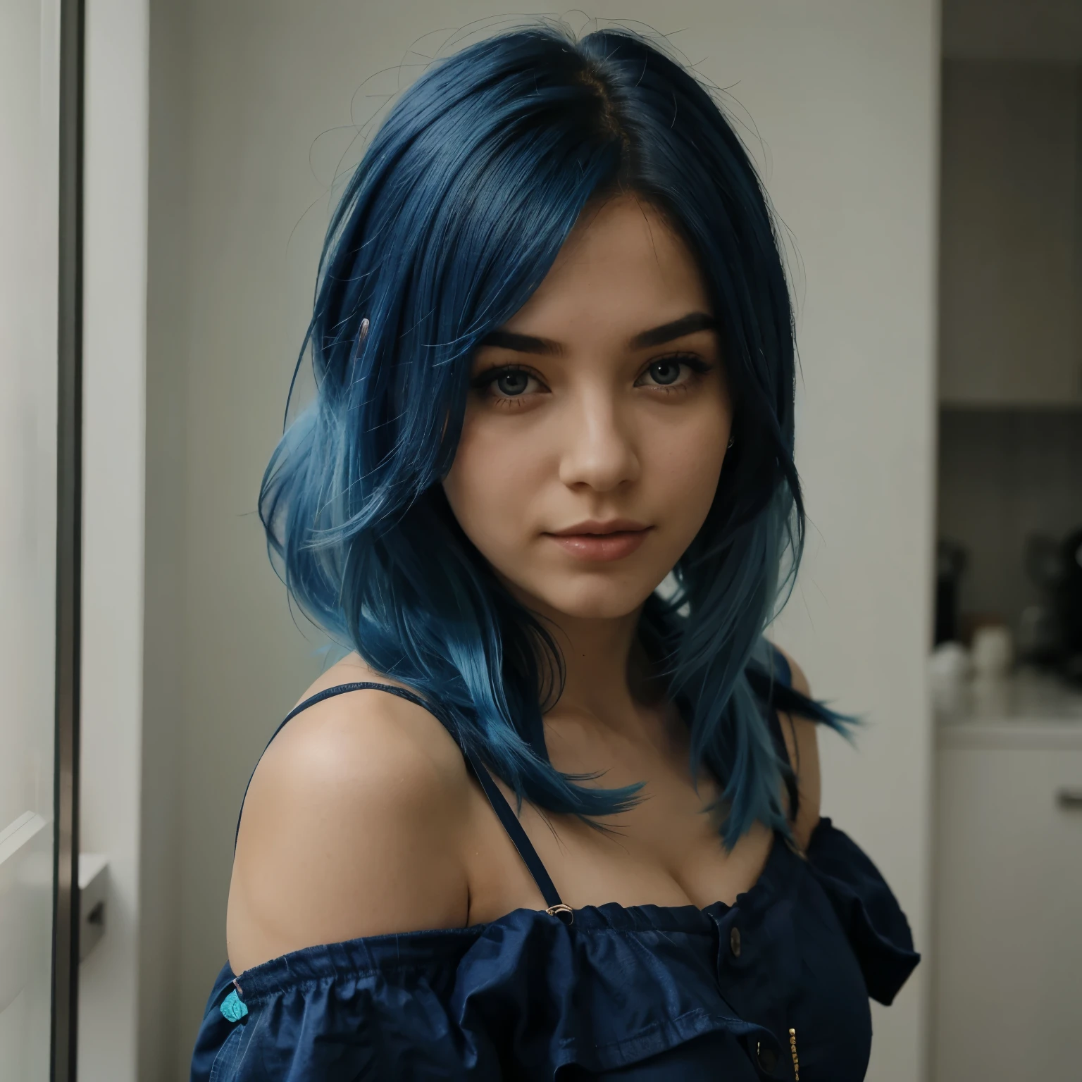 Girl with blue hair showing boobs