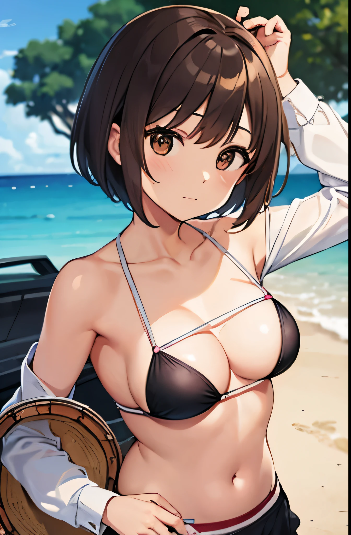 swing a pick, (((drum))), (((masterpiece))), 1 girl, alone, looking at the viewer, short hair, brown hair, long sleeve, medium breasts, closed mouth, clavicle, open clothes, Open Bikini, swimsuit, ground vehicle, performance, band