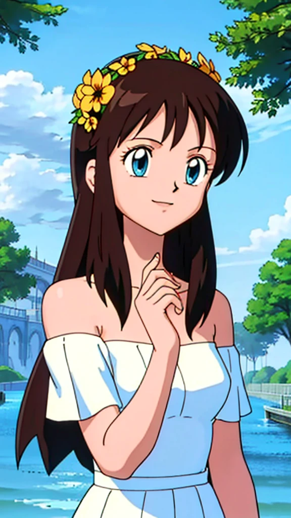 Melody, 1 girl, brown hair, blue eyes, bare shoulders, strapless, off shoulders, ruffle off the shoulder top, white maxi dress, close up headshot, intricate details, sharp focus, high resolution, the background of beautiful flower park with trees and canals, beautiful sunny day, smile, winking, blowing a kiss