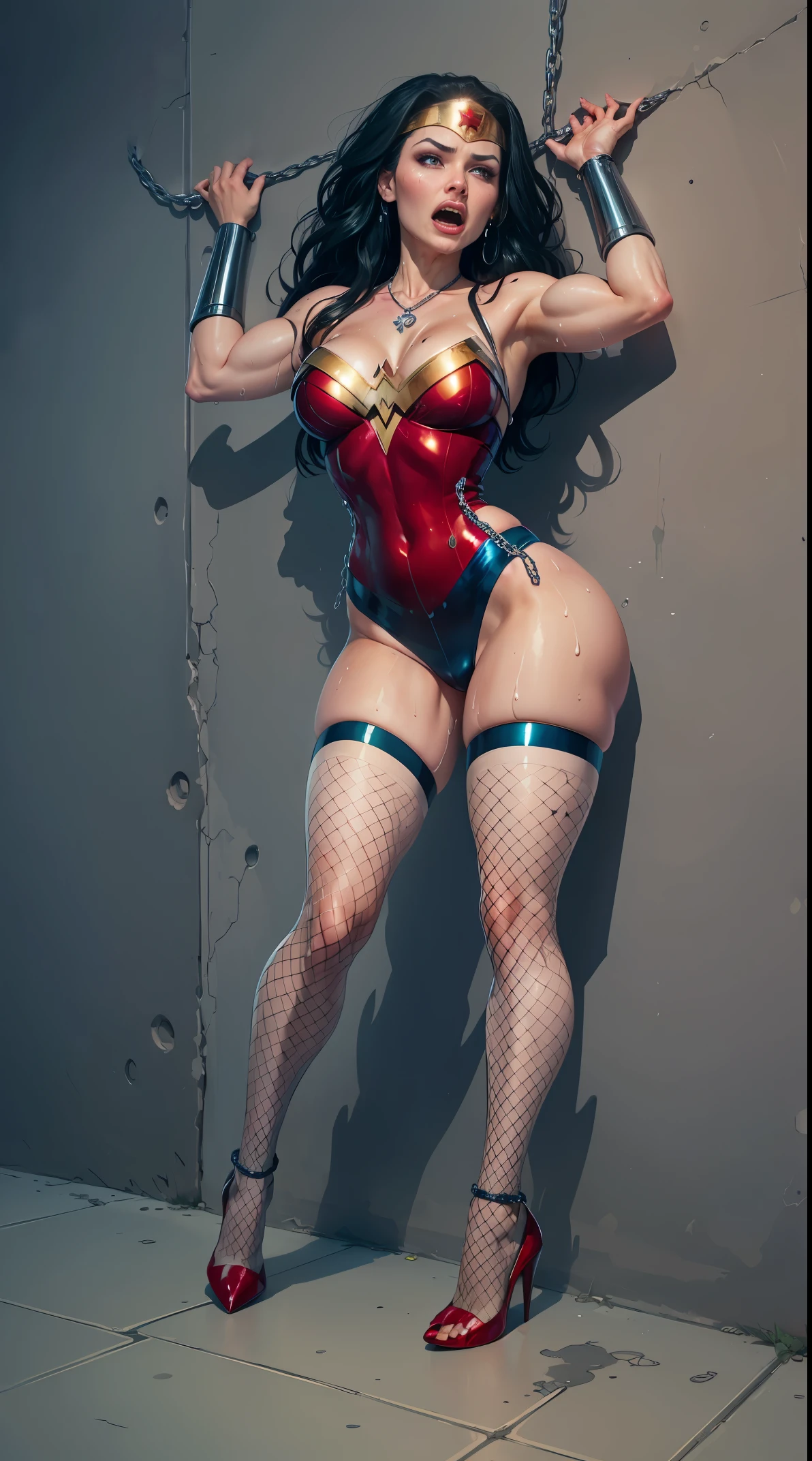 ( She's in a stone cell), (( tiptoes, Em um canto, with her hands cuffed and chained to be beaten and raped)) ((She is wearing stiletto high heels)), sem calcinha, Without bra. WONDER WOMAN SUPERHEROINE. She is sweaty all over her body. Wonderwoman horror expression, expression of dread, He's screaming in terror, She is terrified, She is crying a lot. ela tem cabelos escuros, ela tem cabelos compridos. (( She wore a suspender belt and white lace Fishnet Footless tights )) ((His hands are attached to the wall by handcuffs with thick chains. His ankles are tied to the ground by handcuffs with thick chains)). She screams and begs for mercy, Ela cai no choro. The ropes run down the middle over her back through her married sleeve swimsuit to tie her legs just above her knees and ankles. Wearing a thick metal necklace around your neck with a chain. ( your clothes are wet) (Sua urina escorre pelas pernas, your urine dripping on the floor. ) (Your body is scratched, ela tem hematomas pelo corpo) (she's drooling, seus olhos revirados, the makeup of the face is blurry) (Your clothes are immoral, your clothes are indecent, tente esconder seu corpo de vergonha, ela esta tremendo de medo)