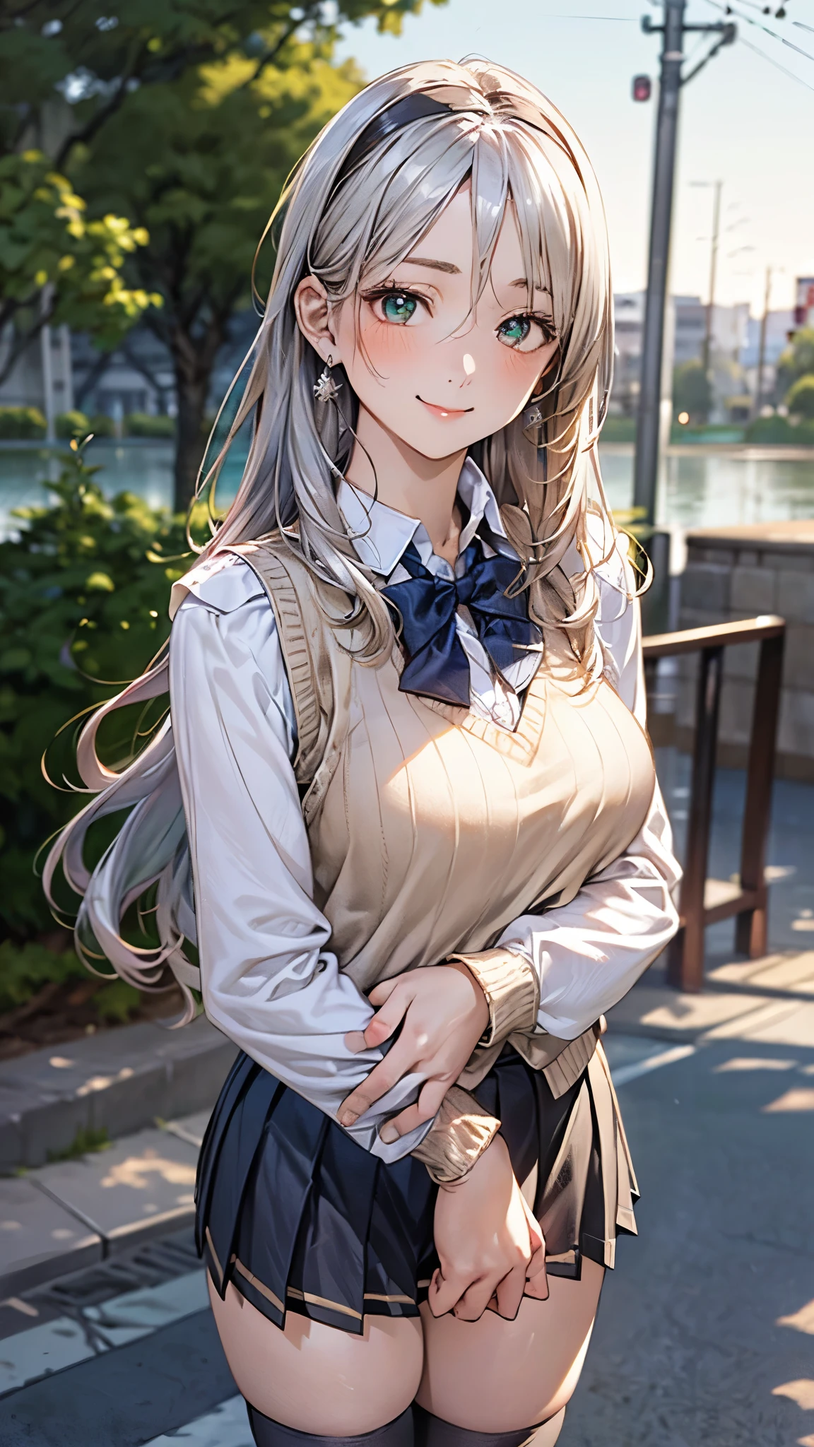 (masterpiece:1.2, top-quality), (realistic, photorealistic:1.4), beautiful illustration, (natural side lighting, movie lighting),
looking at viewer, cowboy shot, front view:0.6, 1 girl, japanese, high school girl, perfect face, cute and symmetrical face, shiny skin,
(long hair:1.8, straight :1.7, sidelocks, silver hair), parted bangs, emerald green eyes, long eye lasher, (large breasts:0.8, thick thighs),
beautiful hair, beautiful face, beautiful detailed eyes, beautiful clavicle, beautiful body, beautiful chest, beautiful thigh, beautiful legs, beautiful fingers,
((long sleeve white collared shirts, navy pleated mini skirt, black socks, brown loafers, red pleated bow tie, beige sleeveless knitted vest, black headband)), pink panties,
(beautiful scenery), evening, riverside, walking, hands on chest, (lovely smile, upper eyes),