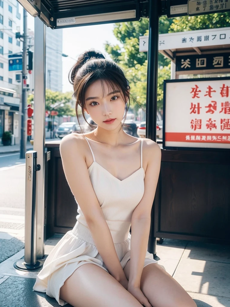 Beautiful portrait of a stunning goddess girl, 紧身皮衣,夜景,漫天星光,性感,霓虹都市,灯光,Slender white long legs,Smile,Beautiful and delicate face, porcelain skin, full-body shot, center, super soft lighting, symmetry, complex, elegant, Very detailed, lifelike, art station, concept art, Smooth,Stand under the sign and wait for the bus,Fair face,Faint willow eyebrows,The eyes are not big, but they reveal her inner world,The small nose and small mouth are also extremely iconic。The ponytail from one tail to the top adds a bit of beauty。Delicate shape,elegant姿态,Slightly shy conversation,People can't help but feel a little pity when they see it。This is clearly a beautiful jasmine flower,White and flawless,Fresh and elegant,Fragrant