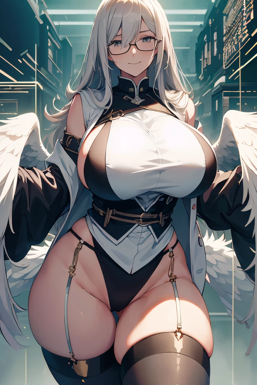 masterpiece ,best quality , 1 girl , 1 geese , (huge tits:1.1) , (thick arm:1.1) , thick thigh , huge hip , silver hair , lab coat , doctor's white robe , evil smile , black glasses ,