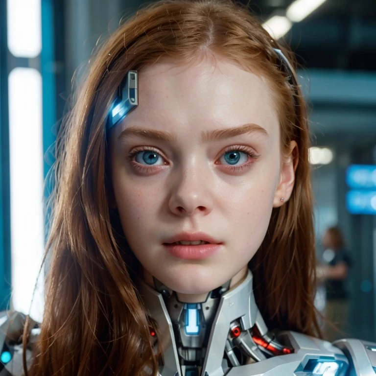 a close up of a woman with a robot head and a sci - fio, elle fanning as an android, movie still of a cool cyborg, movie still of a cyborg, beutiful white girl cyborg, portrait of a teen robot, a teen biopunk cyborg, sadie sink, cyborg - girl, beutiful girl cyborg, attractive sci - fi face, black hair girl