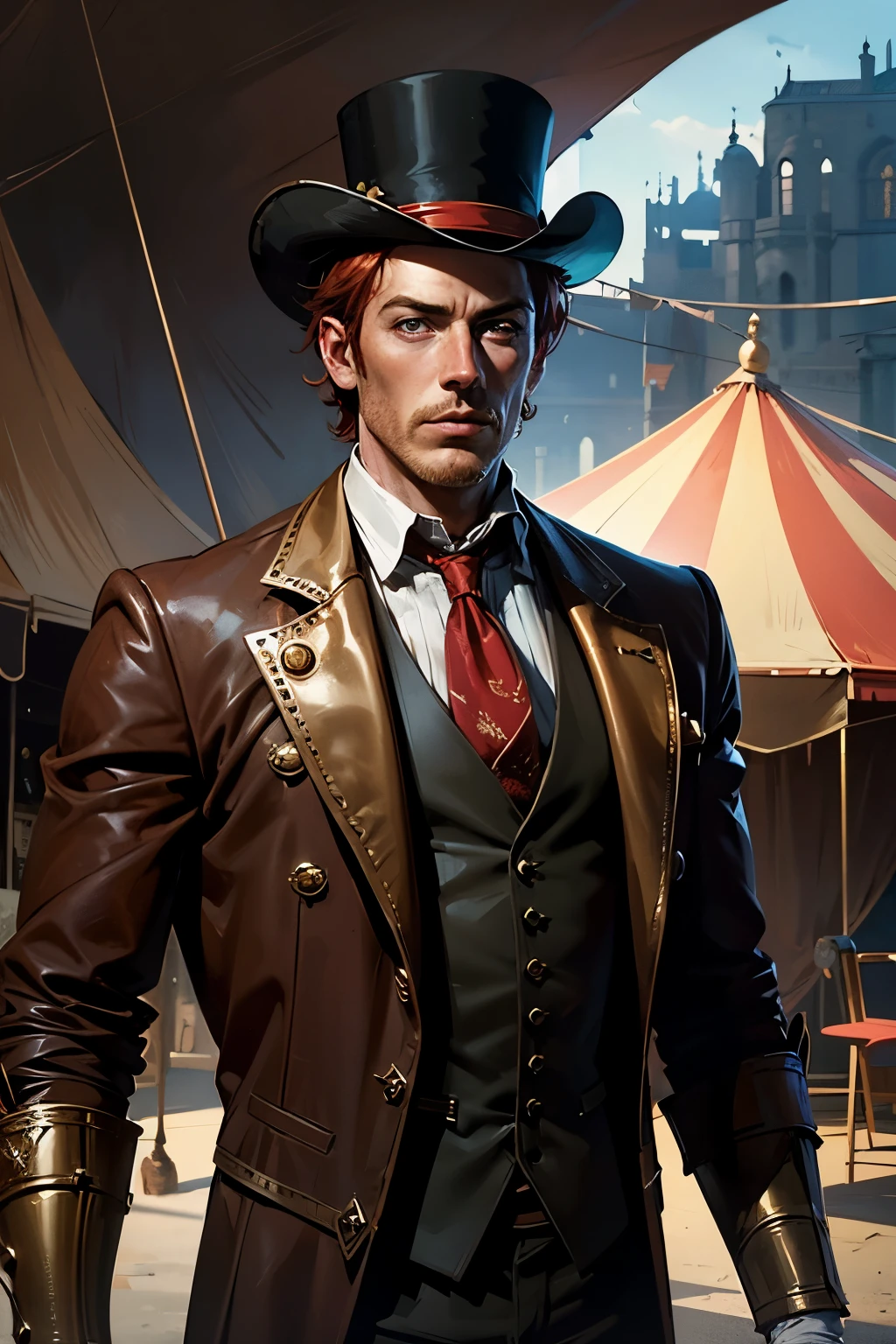 fantasy steampunk, attractive adult man, light red hair, red stubble, freckles, looks like Toby Stephens, Toby Stephens from Black Sails, circus entrepreneur costume, top hat in his hands, circus tent in the background, Western fantasy style