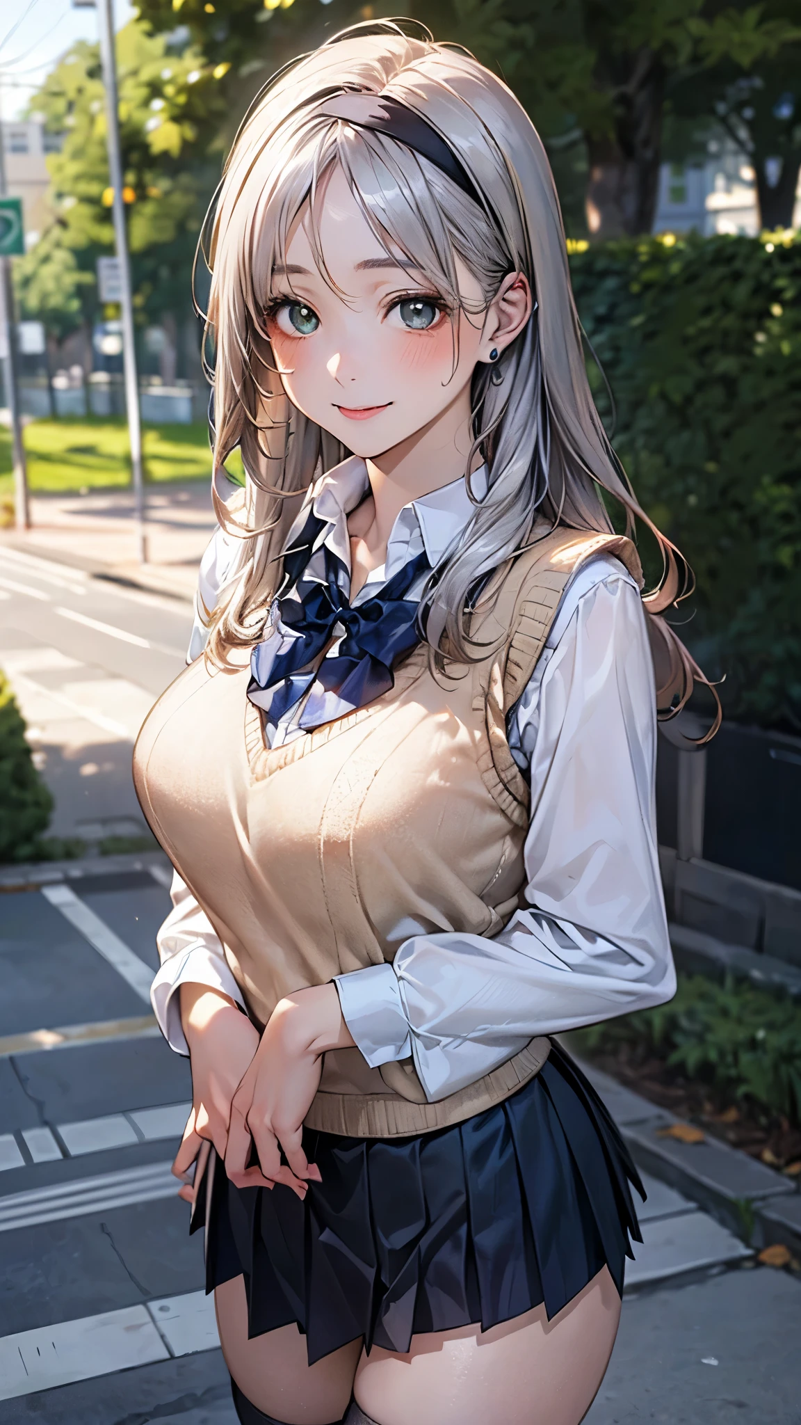 (masterpiece:1.2, top-quality), (realistic, photorealistic:1.4), beautiful illustration, (natural side lighting, movie lighting), 
looking at viewer, cowboy shot, front view:0.6, 1 girl, japanese, high school girl, perfect face, cute and symmetrical face, shiny skin, 
(long hair:1.8, straight :1.7, sidelocks, silver hair), parted bangs, emerald green eyes, long eye lasher, (large breasts:0.8, thick thighs), 
beautiful hair, beautiful face, beautiful detailed eyes, beautiful clavicle, beautiful body, beautiful chest, beautiful thigh, beautiful legs, beautiful fingers, 
((long sleeve white collared shirts, navy pleated mini skirt, black socks, brown loafers, red pleated bow tie, beige sleeveless knitted vest, black headband)), pink panties, 
(beautiful scenery), evening, riverside, walking, hands on chest, (lovely smile, upper eyes), 