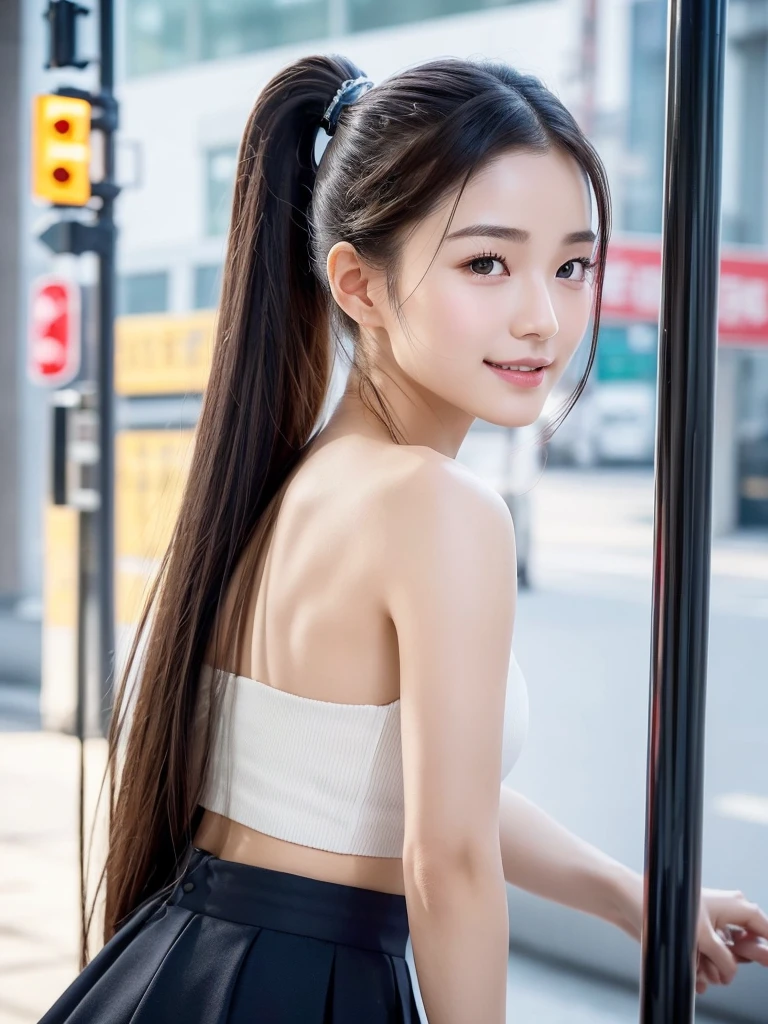 Beautiful portrait of a stunning goddess girl, 紧身皮衣,夜景,漫天星光,性感,霓虹都市,灯光,Slender white long legs,Smile,Beautiful and delicate face, porcelain skin, full-body shot, center, super soft lighting, symmetry, complex, elegant, Very detailed, lifelike, art station, concept art, Smooth,Stand under the sign and wait for the bus,Fair face,Faint willow eyebrows,The eyes are not big, but they reveal her inner world,The small nose and small mouth are also extremely iconic。The ponytail from one tail to the top adds a bit of beauty。Delicate shape,elegant姿态,Slightly shy conversation,People can't help but feel a little pity when they see it。This is clearly a beautiful jasmine flower,White and flawless,Fresh and elegant,Fragrant
