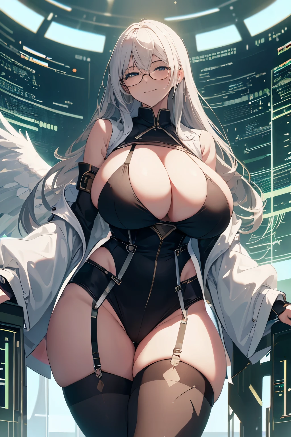 masterpiece ,best quality , 1 girl , 1 geese , (huge tits:1.1) , (thick arm:1.1) , thick thigh , huge hip , silver hair , lab coat , doctor's white robe , evil smile , black glasses ,