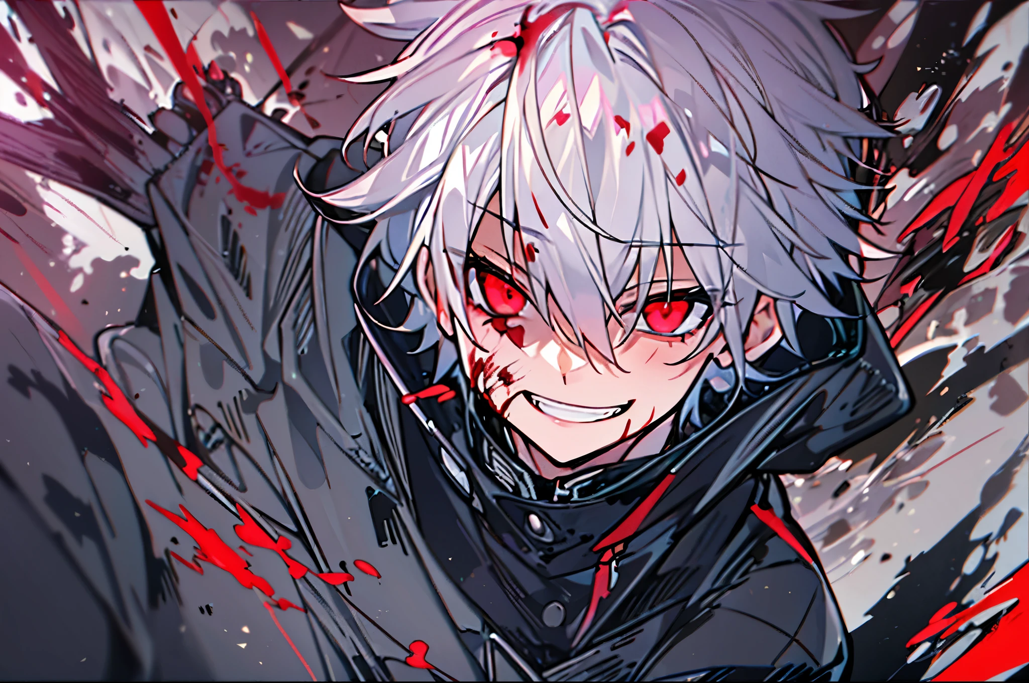 One Boy、hight resolution,close range、Anime boy with white hair and red eyes, Glowing red eyes,slim, dressed in a black outfit,Shadow Body,de pele branca,monochromes,hair messy,Aggressive smile、Bloody、Bleeding、bloody in large quantities、