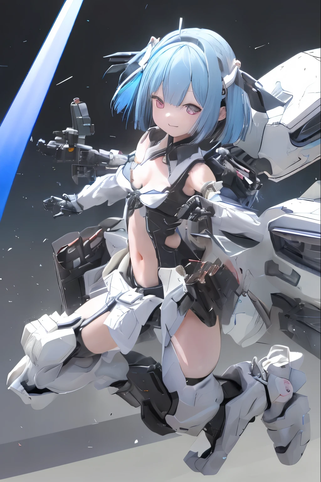 (highest quality)), ((masterpiece)), (very detailed: 1.3), 3D, {(japanese young girl)}, ((wears a futuristic Gundam mecha)),(Gundam), with headgear, with v-fins, ((unarmored cleavage)), ((unarmored stomach)), ((unarmored upper arms)), ((unarmored face)), (unarmored hands), (unarmored waist), ((unarmored thighs)), (unarmored ankles), japanese girl wear light blue and white striped pantie under armor, multilayer textureperfect proportions, octane rendering, duotone lighting, Low ISO, wide aperture, White balance, Rule of thirds, ultra HD16k, HDR (High Dynamic Range), Ray Tracing, NVIDIA RTX, Super Resolution, Subsurface Scattering, PBR Texturing, Post Processing, Anisotropic Filtering, Depth of Field, Maximum Clarity and Clarity, High efficiency subpixel, subpixel convolution, particles of light, light scattered, Tyndall effect, full body:1.5, battle pose, cute, (cute:1.2), (bob cut:1.3),三つ編み, 黒髪, 太い眉毛, 薄い色の虹彩, 大きくて輝いている黒い瞳, 長いまつげ, 小さく薄い色の自然な唇, (Average face of Japanese idols), (日本人特有の童顔:1.3), (baby face), 広いおでこ:1.2, ふっくらした頬, 小さな顎, visible side boob, (mechanical wings), (巨大な武器を持っている:1.2), 特大の盾を持っている, (cyber punk city),looking at viewer,Focus on the eyes,Docking with mobile armor