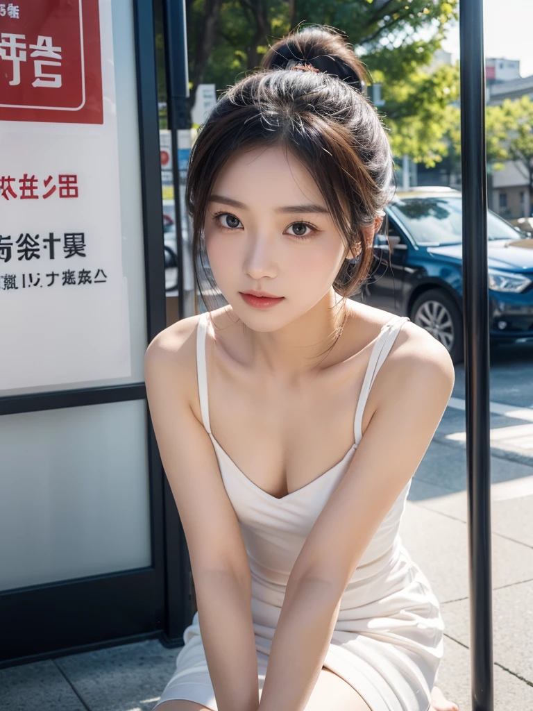 Beautiful portrait of a stunning goddess girl, 紧身皮衣,夜景,漫天星光,性感,霓虹都市,灯光,Slender white long legs,Smile,Beautiful and delicate face, porcelain skin, full-body shot, center, super soft lighting, symmetry, complex, elegant, Very detailed, lifelike, art station, concept art, Smooth,Stand under the sign and wait for the bus,Fair face,Faint willow eyebrows,The eyes are not big, but they reveal her inner world,The small nose and small mouth are also extremely iconic。The ponytail from one tail to the top adds a bit of beauty。Delicate shape,elegant姿态,Slightly shy conversation,People can't help but feel a little pity when they see it。This is clearly a beautiful jasmine flower,White and flawless,Fresh and elegant,Fragrant