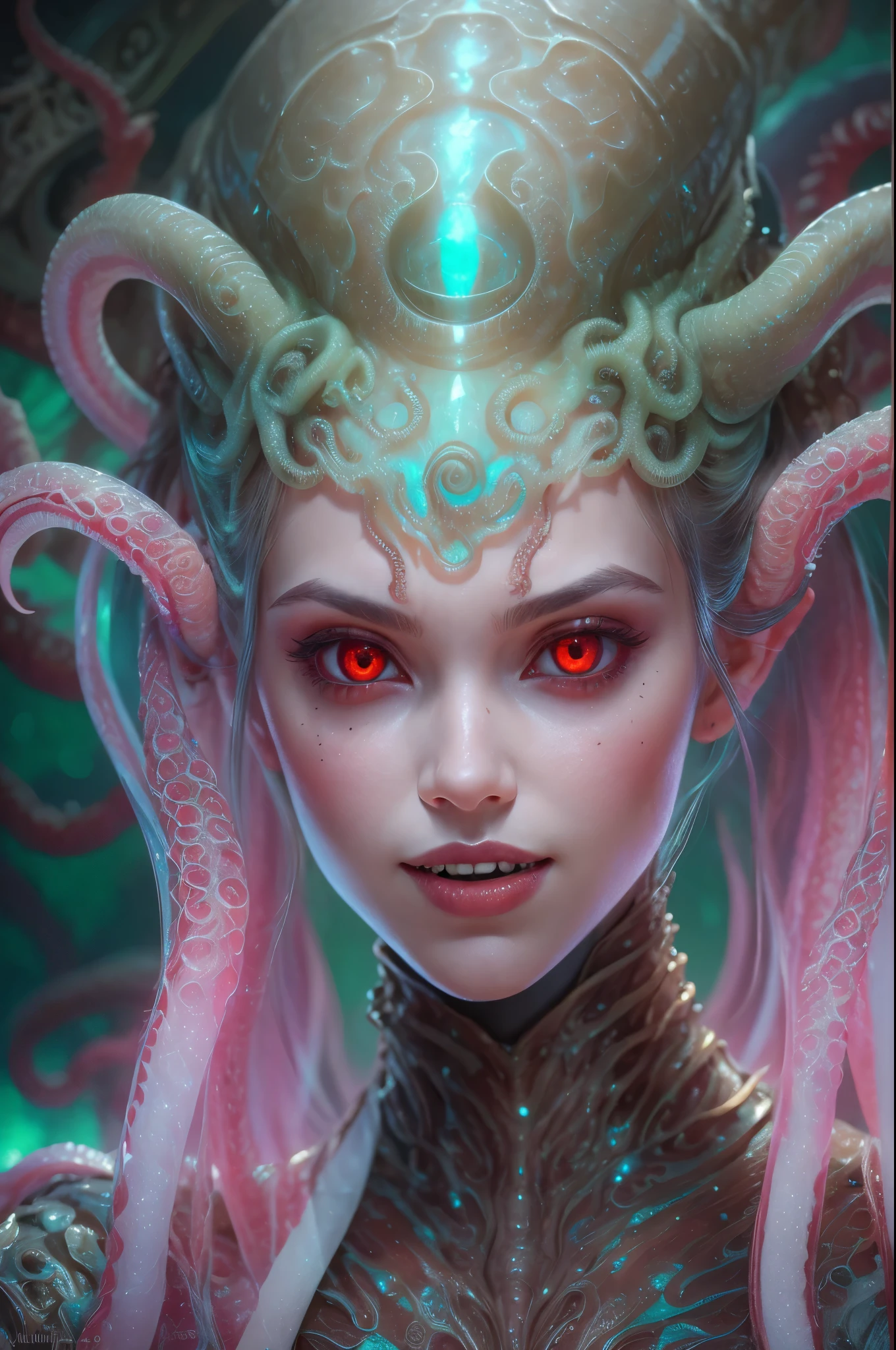scary and sexy detailed art in color, Portrait, (beautiful and obscene female alien:1.4), (vulgarity1.5), (she has glowing red eyes with no pupils:1.8), (Translucent skin:1.7), ((There is a female genital-like organ in the middle of the forehead:1.9)), (The most beautiful face in the history of the universe:1.2),an evil gaze that seduces, (large mouth:1.1), (sharp teeth like a vampire:1.2), Full body portrait, (bio luminescent:1.5), (Smile wickedly:1.3), (sexypose:1.5), incredibly beautiful matured alien, (she has unparalleled beauty:1.5), No humans, cells are fused, (Lots of translucent tentacles:1.6) extraterrestrial, cell, bio image, best quality, 8K,In 4K_quality, High freshness, Dramatic Lighting, masterpiece:1.5, cinematic quality, detail up, (exquisite details:1.2), high resolution, High freshness, drawing faithfully, (Thick eyebrows:1.2), Beautiful eyes with fine symmetry, (Highly detailed face and eyes:1.2), (Super detailed skin quality feeling:1.1), perfect anatomy, (Beautiful toned body:1.5), (Moist skin:1.2), not wearing makeup, (dark circles:1.1), long canines, cinematic drawing of characters, ultra high quality model, cinematic quality, detail up, (exquisite details:1.2), high resolution, High freshness, drawing faithfully, official art, Unity 8K Wall , 8K Portrait, best quality, Very high resolution, ultra detailed artistic photography, midnight aura, unreal engine 5, Ultra Sharp Focus, art by Amano Yoshitaka, ArtGerm, Roisch, intricate artwork, best quality, masterpiece, ultra high resolution, (photos realistic:1.4), ultra realistic realism, dream-like, nautilus, Creation of fantasy, Snail, Dream Snail, (biopunk nautilus:1.3),Thrilling color schemes, ultra realistic realism, seductively smiling, (white tentacles with stripes:1.2), subtle emerald green accents, (expression of ecstasy:1.6) , in the dark, she has snake-like eyes