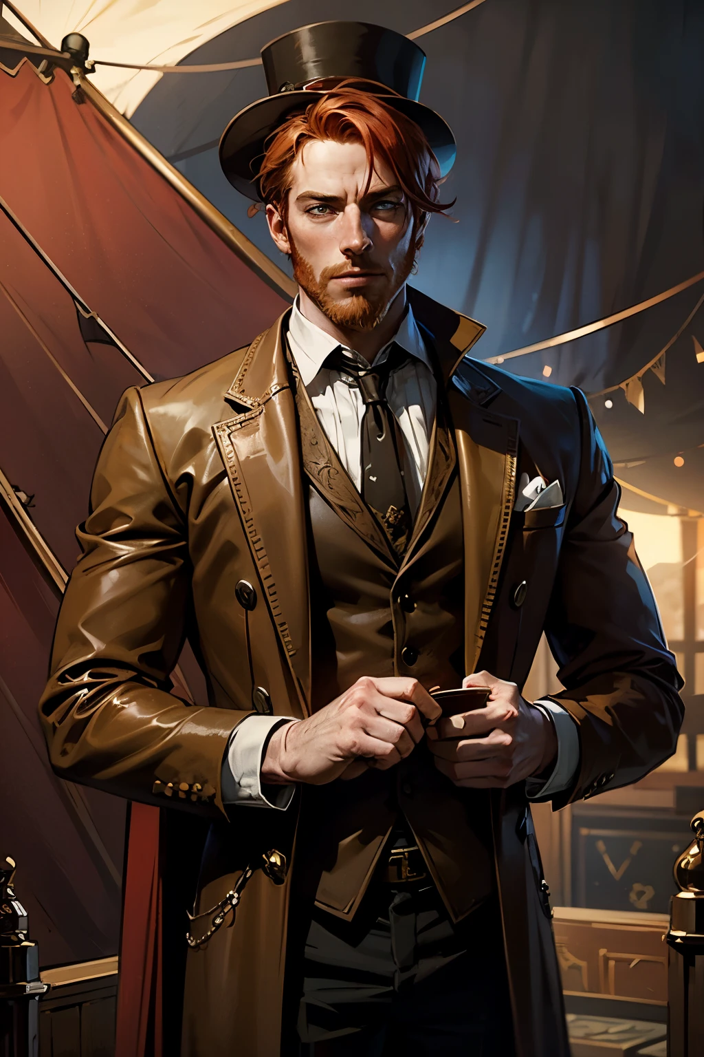 fantasy steampunk, attractive adult man, blonde-red hair, red beard, freckles, looks like Toby Stephens, Toby Stephens from Black Sails, circus entrepreneur costume, top hat in his hands, circus tent in the background, Western fantasy style