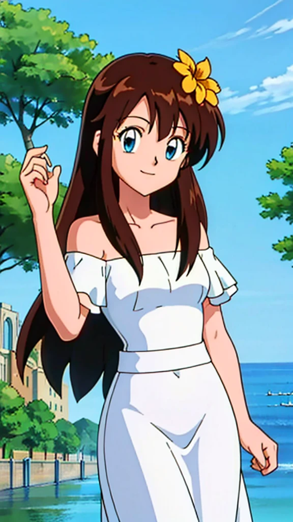 Melody, 1 girl, brown hair, blue eyes, bare shoulders, strapless, off shoulders, ruffle off the shoulder top, white maxi dress, close up headshot, intricate details, sharp focus, high resolution, the background of beautiful flower park with trees and canals, beautiful sunny day, smile, winking, one hand up while blowing a kiss to the viewer
