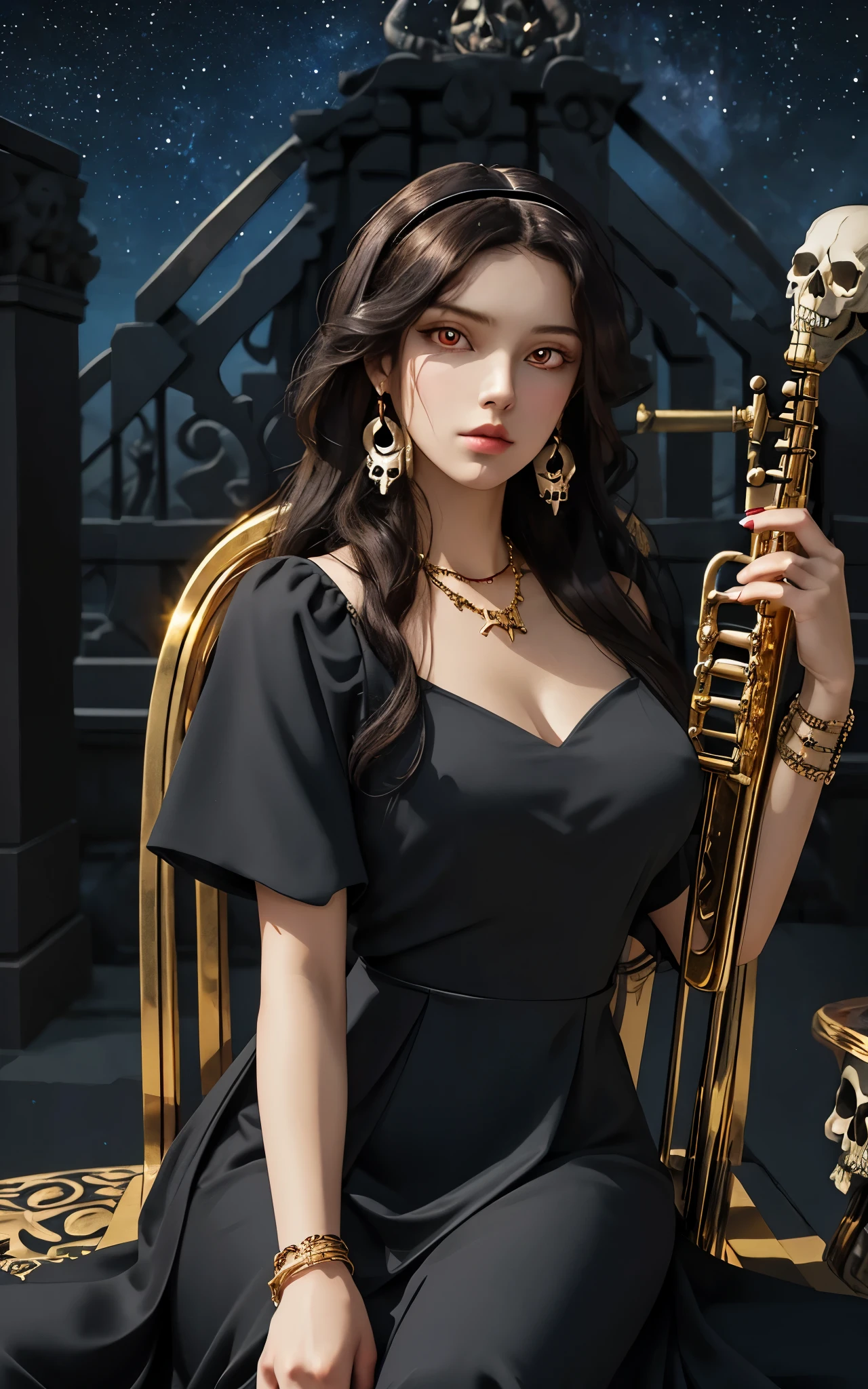 1 girl, solo, details, masterpiece, best quality, photorealistic realism, beautiful girl, long hair, black hair, skull headband, gold earrings, red eyes, beautiful face, skull necklace, perfect body, large breast, open chest, black long dress, skull bracelet, gold earrings, musical instrument, sit on ancient chair, dark sky, dark temple,