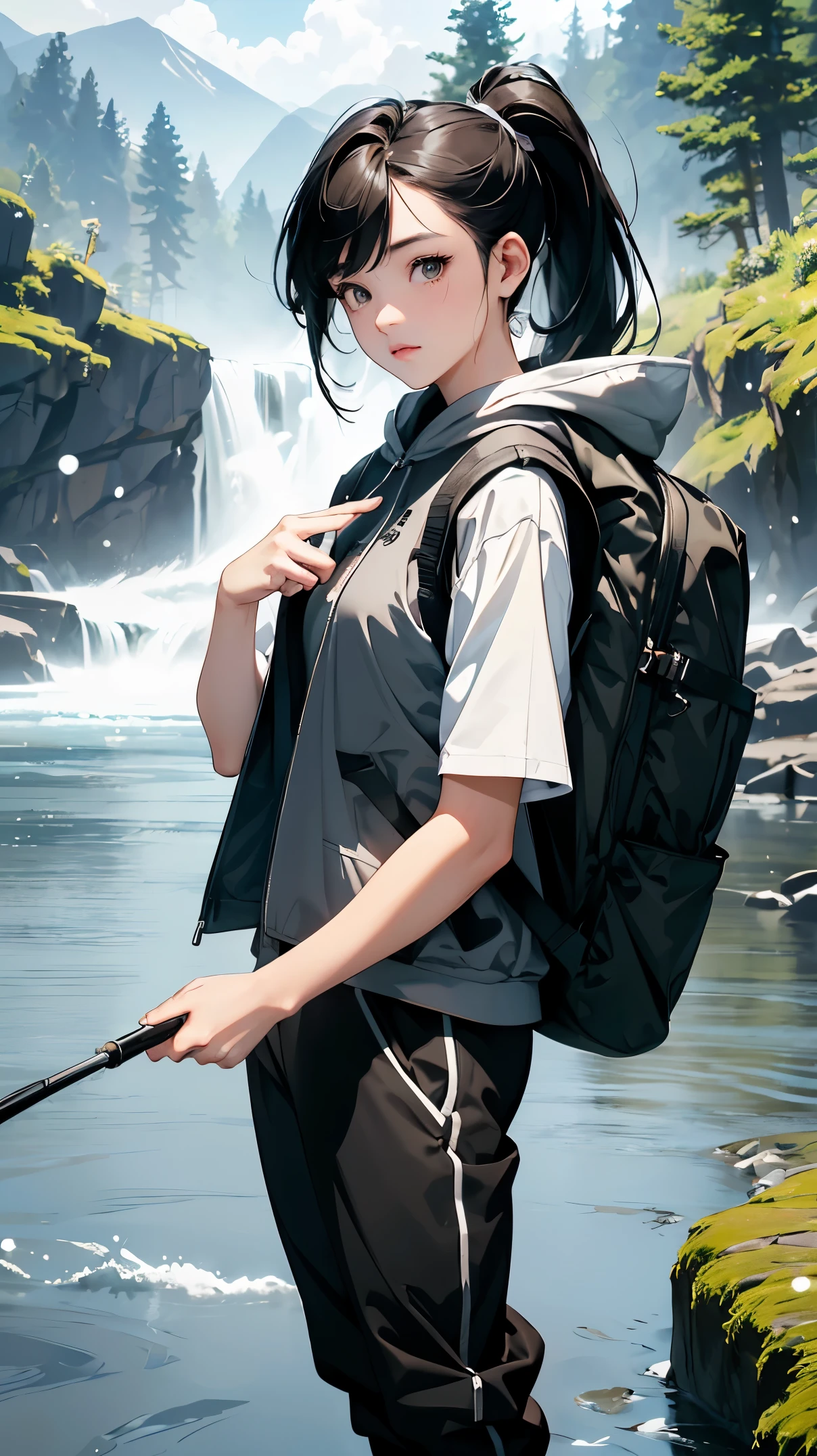 masterpiece、High resolution 8K、sharp focus、contrast lighting、ultra high resolution、ultra high resolution、Detailed CG、that'that'It's snowing、Low - Angle、full body shot、Beautiful woman、beautiful eyes、(detailed face and iace:1 2)、narrow eyes、almond eye、brown eyes、gradation eye、highlight:1.2)、(beautiful black hair、middle、asymmetrical bangs、high top fade、ponytail、(small chest size) 、(oval face : 1.4)、(thin fingered arms、detailed human hand)、Woman fishing in the river、Beautiful and wide river、Flowing waterfall、rock surface、moss、forest、Mont、blue sky、Flowing clouds、vapor、mist、full body pose、Holding a fishing rod in your hand、Fishing lure rod、Outdoor Vest、hoodie、Waders、Long pants for fishing、Big backpack)、A woman fishing with a fishing rod in her hand pointing toward the water surface