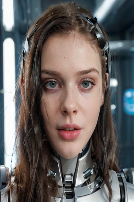 a close up of a black hair woman with a robot head and a sci - fio, elle fanning as an android, movie still of a cool cyborg, movie still of a cyborg, beutiful white black hair girl cyborg, portrait of a black hair teen robot, a black hair teen biopunk cyborg, sadie sink, cyborg - girl, beutiful black hair girl cyborg, attractive sci - fi face, (important!, black hair:1.4)