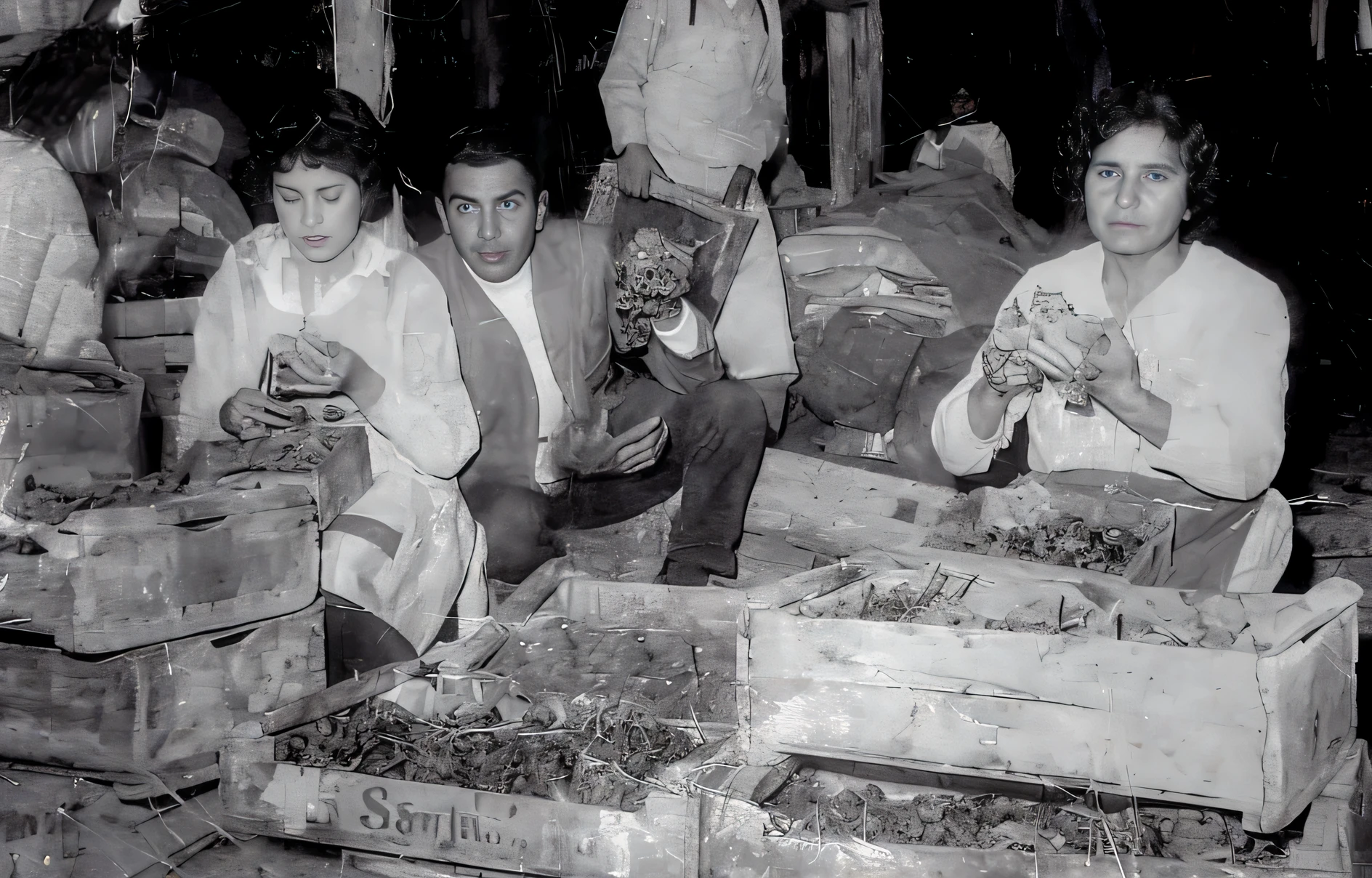 several people are sitting around a pile of food boxes., historical image, foto historica, Foto de archivo, foto historica, foto historica, Foto de archivograph, Foto de archivo, Escena de Supplizia, museum Foto de archivo, festival, Location unknown, Centro de imagen, Colombia in the 60s, Mercado, foto historica, by Ramon Silva, Imagen explotable