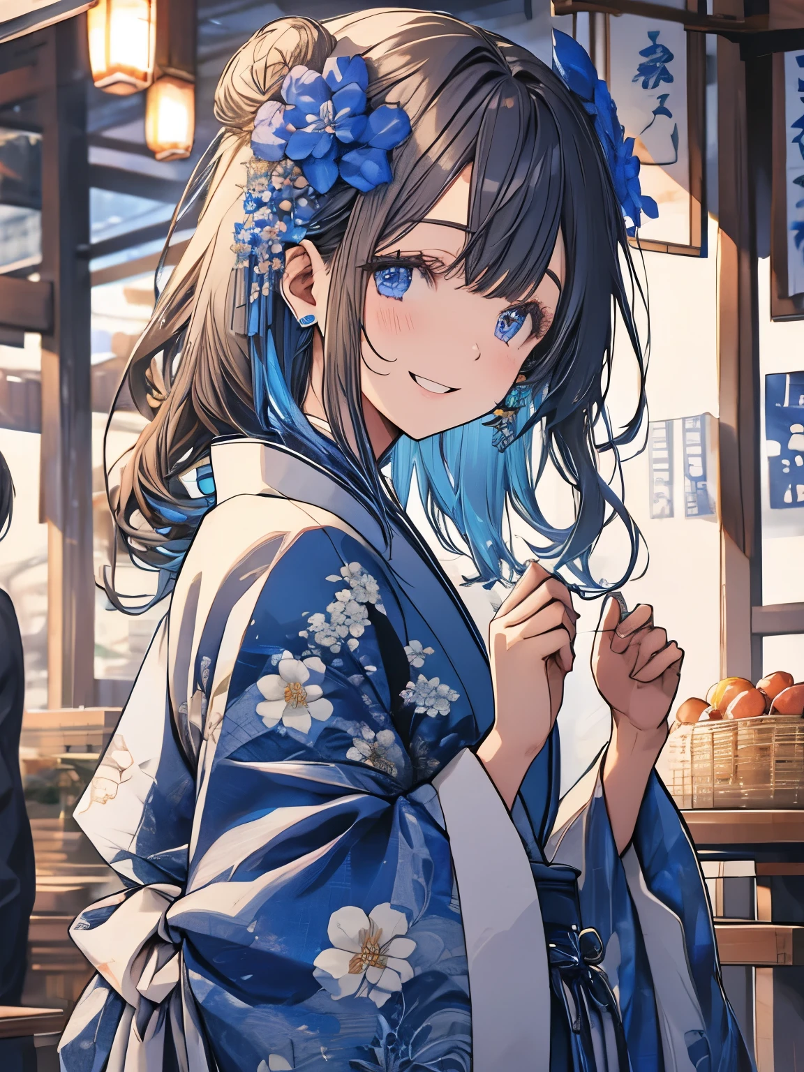 blue、kimono、kimono、New Year、flower hair ornament、laughing、smile、blueの目、light brown hair、eye shadow