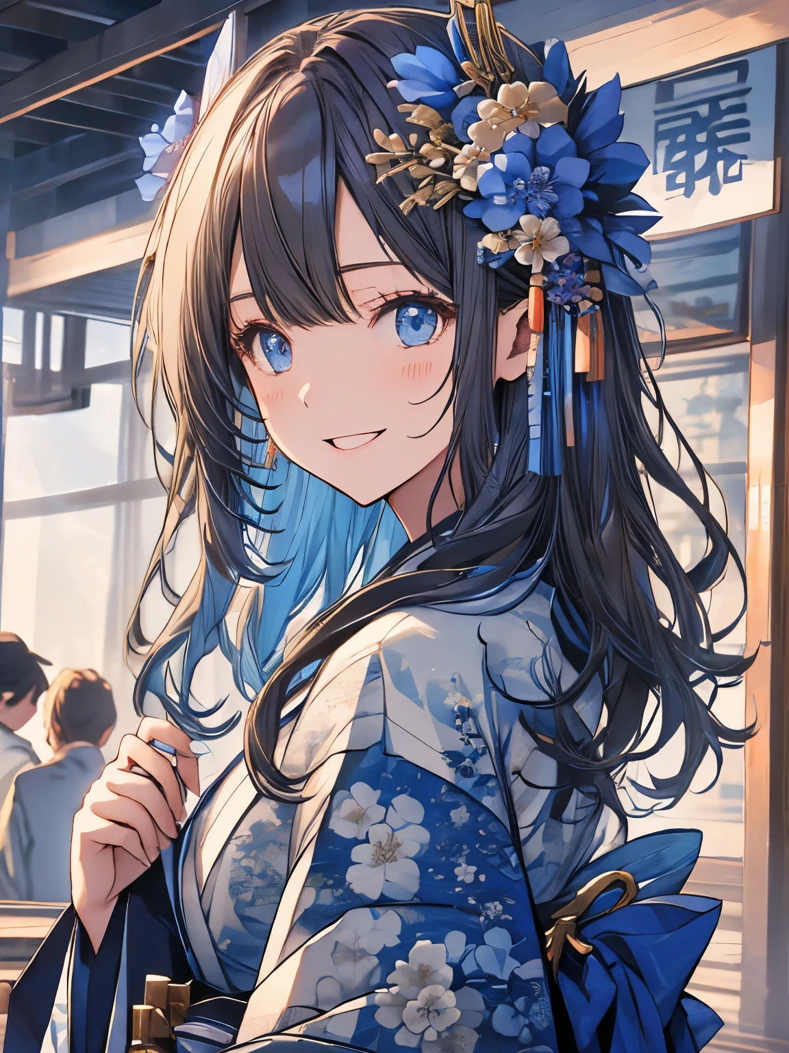 blue、kimono、kimono、New Year、flower hair ornament、laughing、smile、blueの目、light brown hair、eye shadow