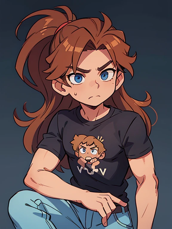 guy with brown hair and blond streaks, long hair, blue eyes, Fair skin, wearing a dark T-shirt and pants, has a scar on the right side of his face