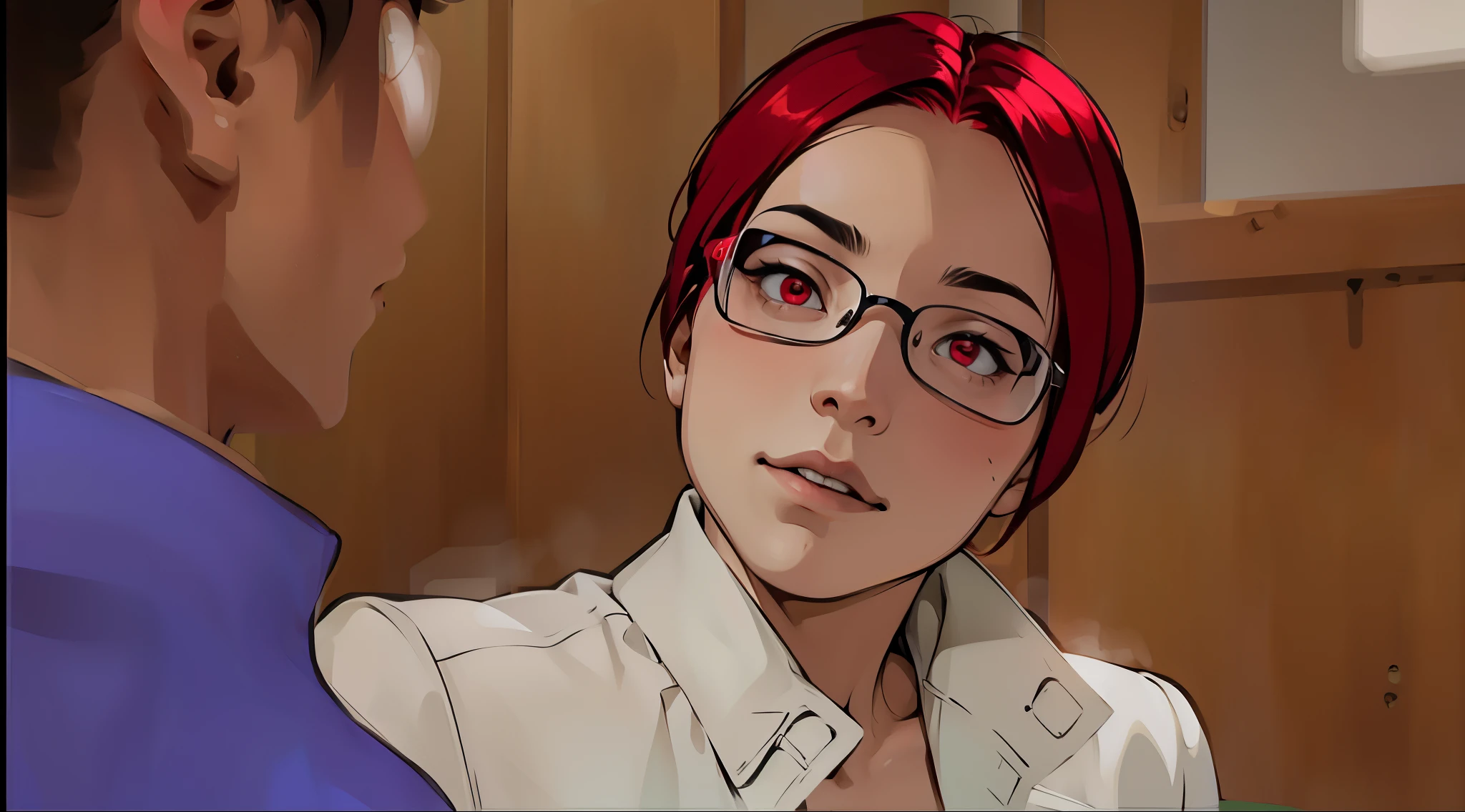 le habla con enojo tiene ojos rojos cabello de color rojo