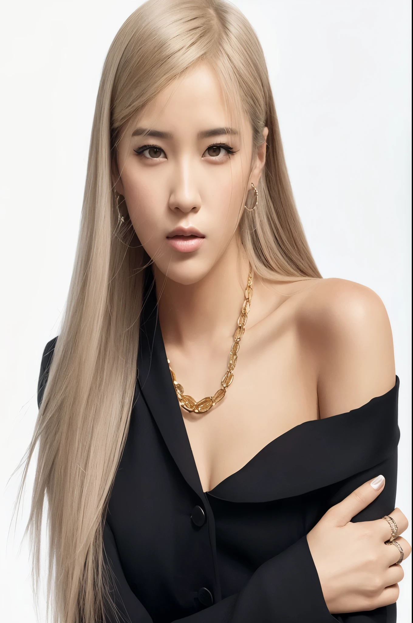 Araffe mulher com longos cabelos loiros usando um top preto e um colar de corrente de ouro, roseanne park of rosa negra, portrait of jossi of rosa negra, jossi of rosa negra, lalisa manoban of rosa negra, Lalisa Manobal, portrait jisoo rosa negra, jisoo of rosa negra, jisoo from rosa negra, rosa negra, jia, Portrait of female Korean idol, kpop idol portrait