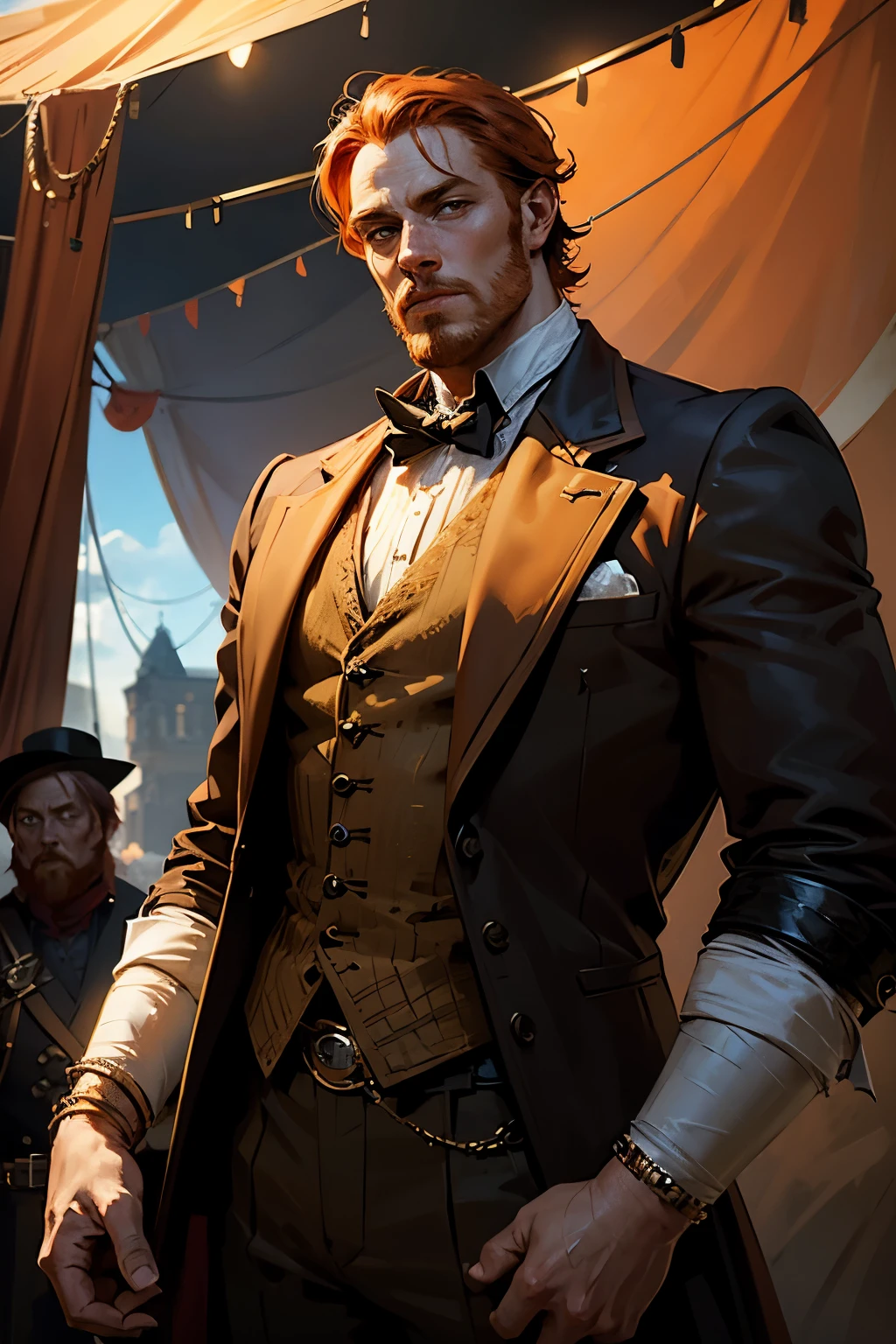 
fantasy steampunk, attractive adult man, light orange hair, red beard, freckles, looks like Toby Stephens, Toby Stephens from Black Sails, circus entrepreneur costume, top hat in his hands, circus tent in the background, Western fantasy style

