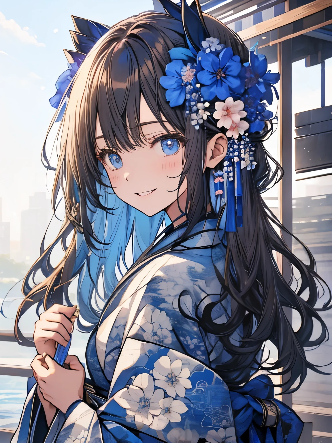 blue、kimono、kimono、New Year、flower hair ornament、laughing、smile、blueの目、light brown hair、eye shadow