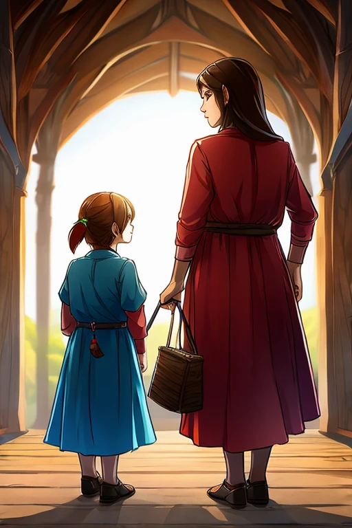 2 females,mature mother AND little daughter,stand side by side,from below:0.5,full body view,(((Simple backgroud))),(((by sparrow:1.3)))