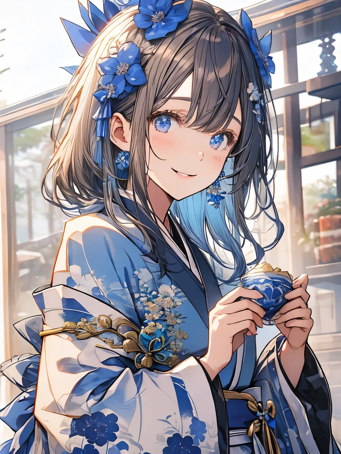 blue、kimono、kimono、New Year、flower hair ornament、laughing、smile、blueの目、light brown hair、eye shadow