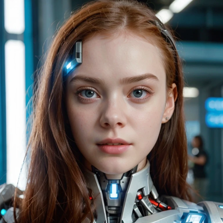 a close up of a black hair woman with a robot head and a sci - fio, elle fanning as an android, movie still of a cool cyborg, movie still of a cyborg, beutiful white black hair girl cyborg, portrait of a black hair  robot, a black hair teenpunk cyborg, sadie sink, cyborg - girl, beutiful black hair girl cyborg, attractive sci - fi face, (important!, black hair:1.4)