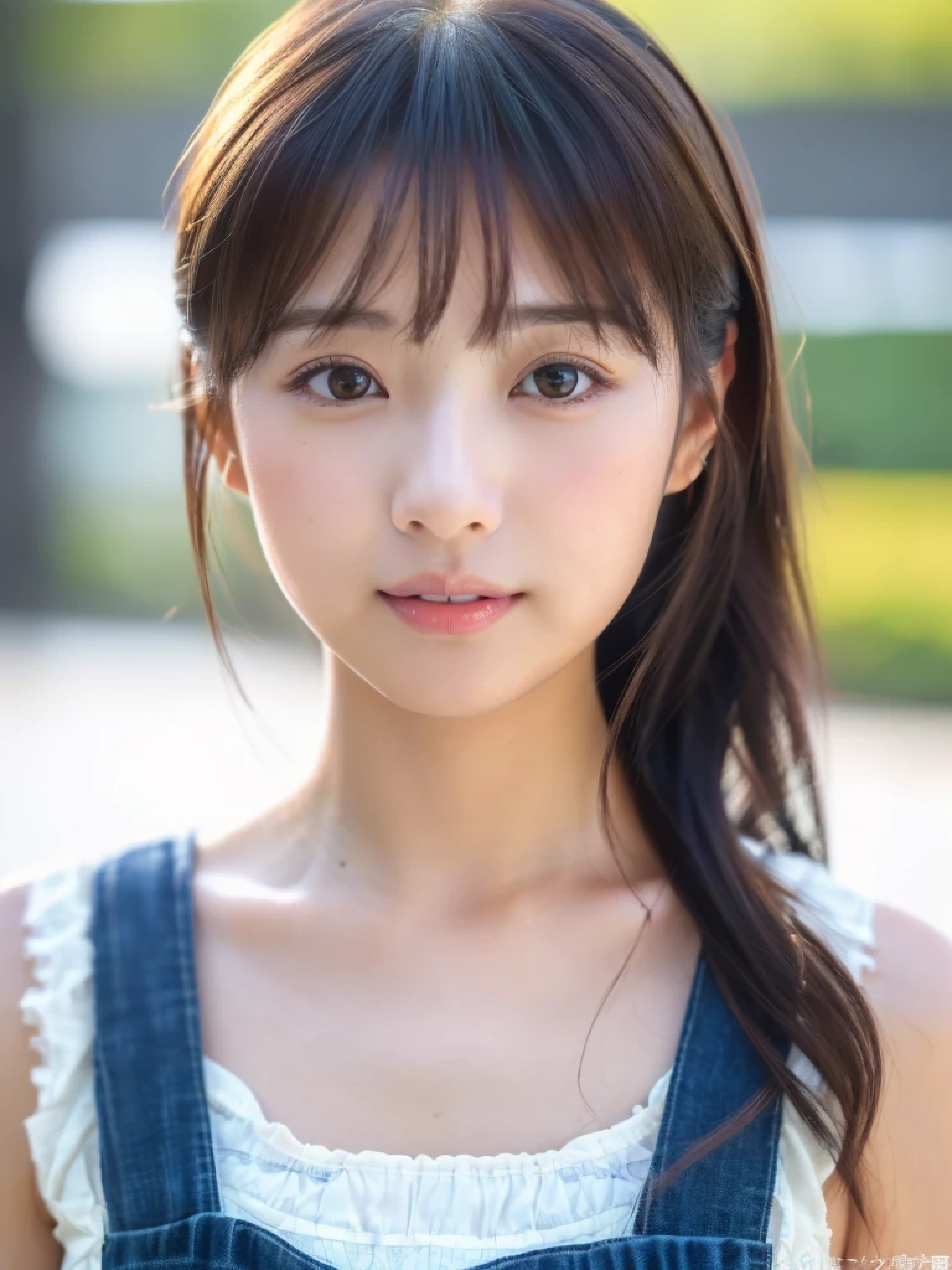 ((cute日本の女の子、beautiful japanese girl、1 girl、clear、19 years old、ponytail、Highly detailed face and skin texture、refinement、super detailed face、highly detailed eyes、Lee Hong、blush、cheek、ピンクのcheekを塗ったcheek、close-up of woman、 from the neck up、 Close to the camera、 positive face、Forward-facing body、look at the camera、front、cute、smooth white skin、Transparent skin texture、))、(dark brown hair、bangs)、beautiful woman with perfect style:1.4、japanese model、young gravure idol、若いcuteグラビアアイドル、Realistic young gravure idol、refinementされたグラビアアイドル、((highest quality、8K、masterpiece:1.3、1photograph))、(4K、RAWphotograph、highest quality)、(realistic、フォトrealistic:1.37)、Place someone on the other side of the screen、Natural light、professional lighting、