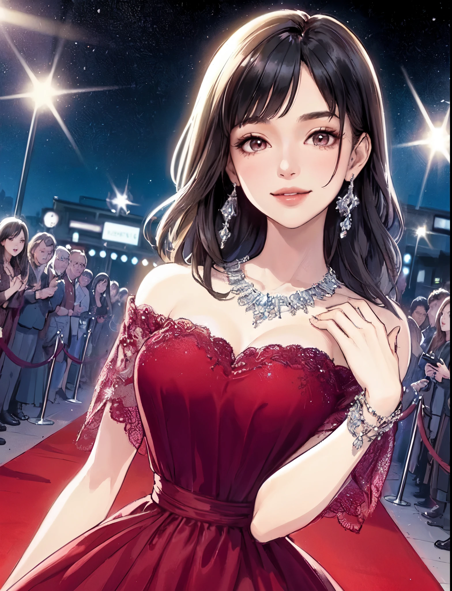 1lady standing, actress, (chic crimson dress) stylish outfit, (jewelry:0.8), mature female, /(black hair/) bangs, light smile, (masterpiece best quality:1.2) delicate illustration ultra-detailed, large breasts BREAK (red carpet event) (red carpet:1.2), /(movie actors/), /(eager fans/), detailed background