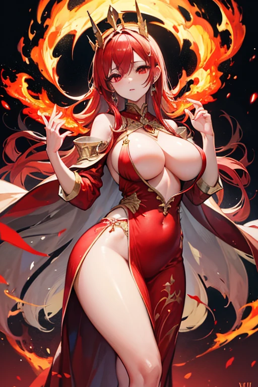 young woman, perfect body, shinny red eyes, perfect boobs, perfect thighs, fire crown, long red curvy hair, transparent long red dress, lingerie, exposed belly, exposed thighs, red and gold mixture cloths, highly detailed enchanted cloths, standing and starring, head to mid thigh:4.5 photo, eye level camera angle, dark lighting, fire radiation, flames background, detailed background, fantasy art, hyper realistic,