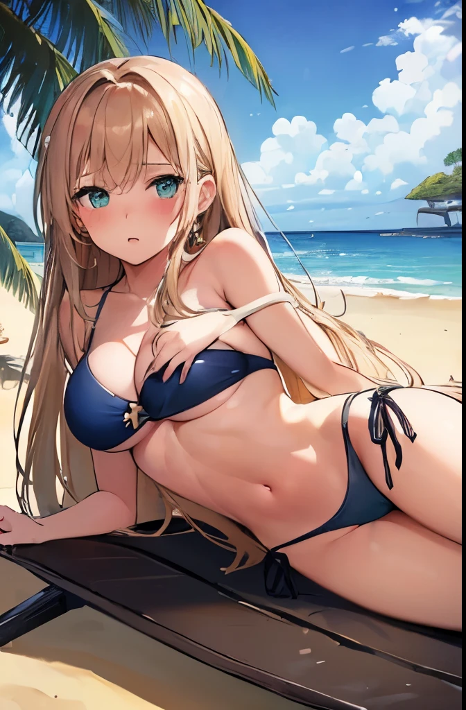 (20 years old women:1.5),blonde staright long hair,green eyes,(blush:1.3),medium breasts,(dark blue bikini bottom:1.2),(lying on back:1.4),beach,clear sky,pov