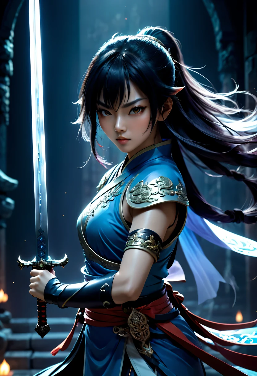 Close-up of a Chinese woman holding a sword in a dark room, 2. 5D CGI anime fantasy artwork, 史诗fantasy art style高清, Digital 2D Fantasy Art, digital fantasy art ), xianxia fantasy, digital art fantasy art, Beautiful celestial mage, Epic fantasy digital art style, fantasy art style, xianxia hero, Anime Fantasy Illustration