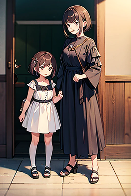 2 females,mature mother AND ,stand side by side,from below:0.5,full body view,(((Simple backgroud))),(((by sparrow:1.3)))