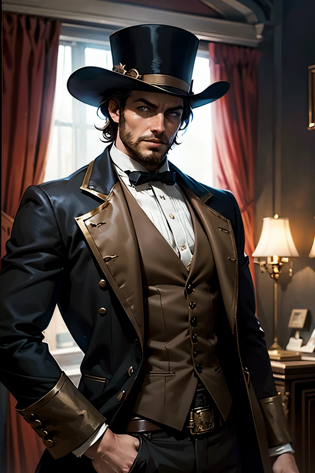 fantasy steampunk, attractive adult man, dark hair, beard, freckles, looks like Toby Stephens, Toby Stephens from Black Sails, red circus entrepreneur costume, top hat in his hands, circus tent in the background, Western fantasy style