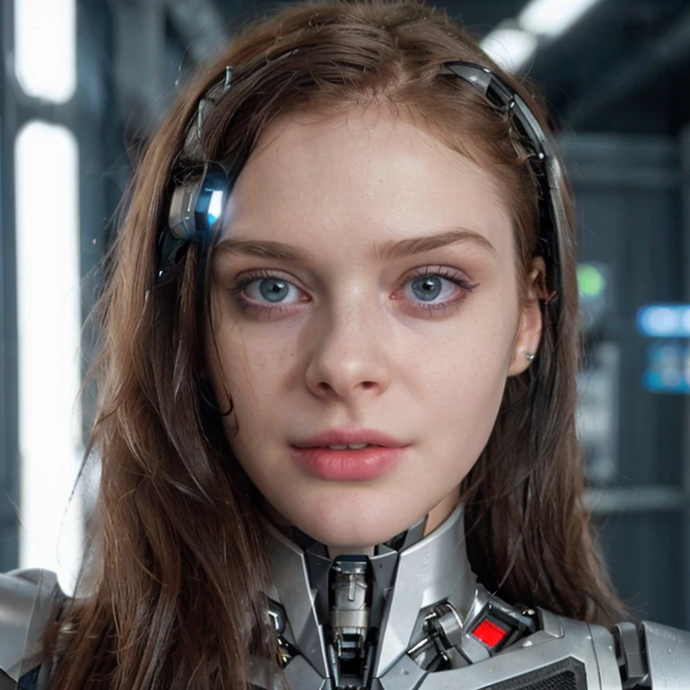 a close up of a black hair woman with a robot head and a sci - fio, elle fanning as an android, movie still of a cool cyborg, movie still of a cyborg, beutiful white black hair girl cyborg, portrait of a black hair teen robot, a black hair teen biopunk cyborg, sadie sink, cyborg - girl, beutiful black hair girl cyborg, attractive sci - fi face, (important!, black hair:1.4)