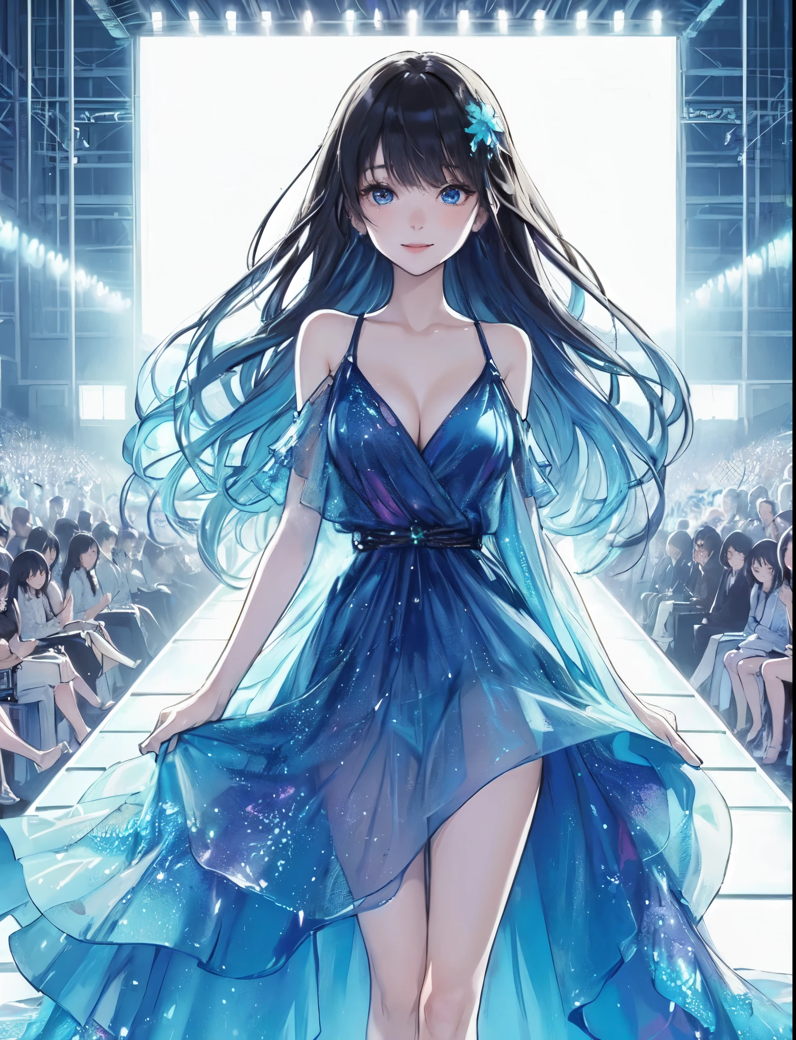 1lady (striding across central stage), model, (chic blue dress) stylish outfit, mature female, /(black hair/) bangs, light smile, (masterpiece best quality:1.2) delicate illustration ultra-detailed, large breasts BREAK (dress glows blue) (reminiscent of the sea under moonlight:1.2) BREAK (bustling venue indoors) (Tokyo Girls Collection), /(massive screen/), audience, detailed background